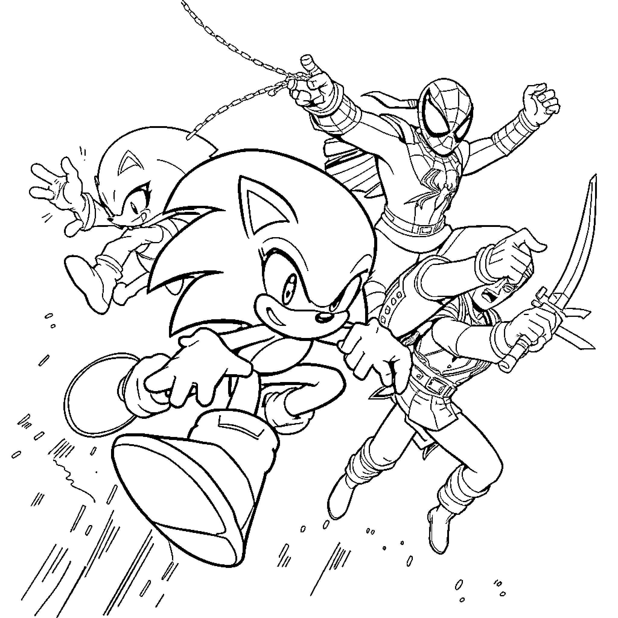 Sonic's Exciting Adventure with Spider-Man Coloring Page (free black-and-white line drawing printable PDF for all, from beginners to advanced learners, including children, teens, adults, and seniors)