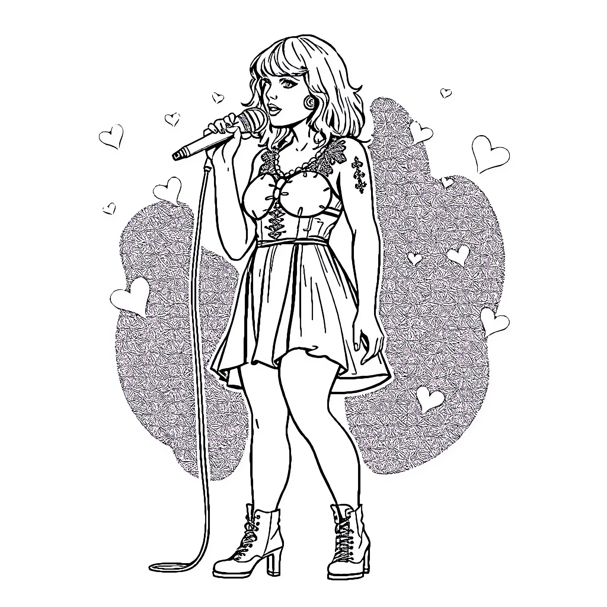 Taylor Swift performing on stage with a microphone Coloring Page (free black-and-white line drawing printable PDF for all, from beginners to advanced learners, including children, teens, adults, and seniors)