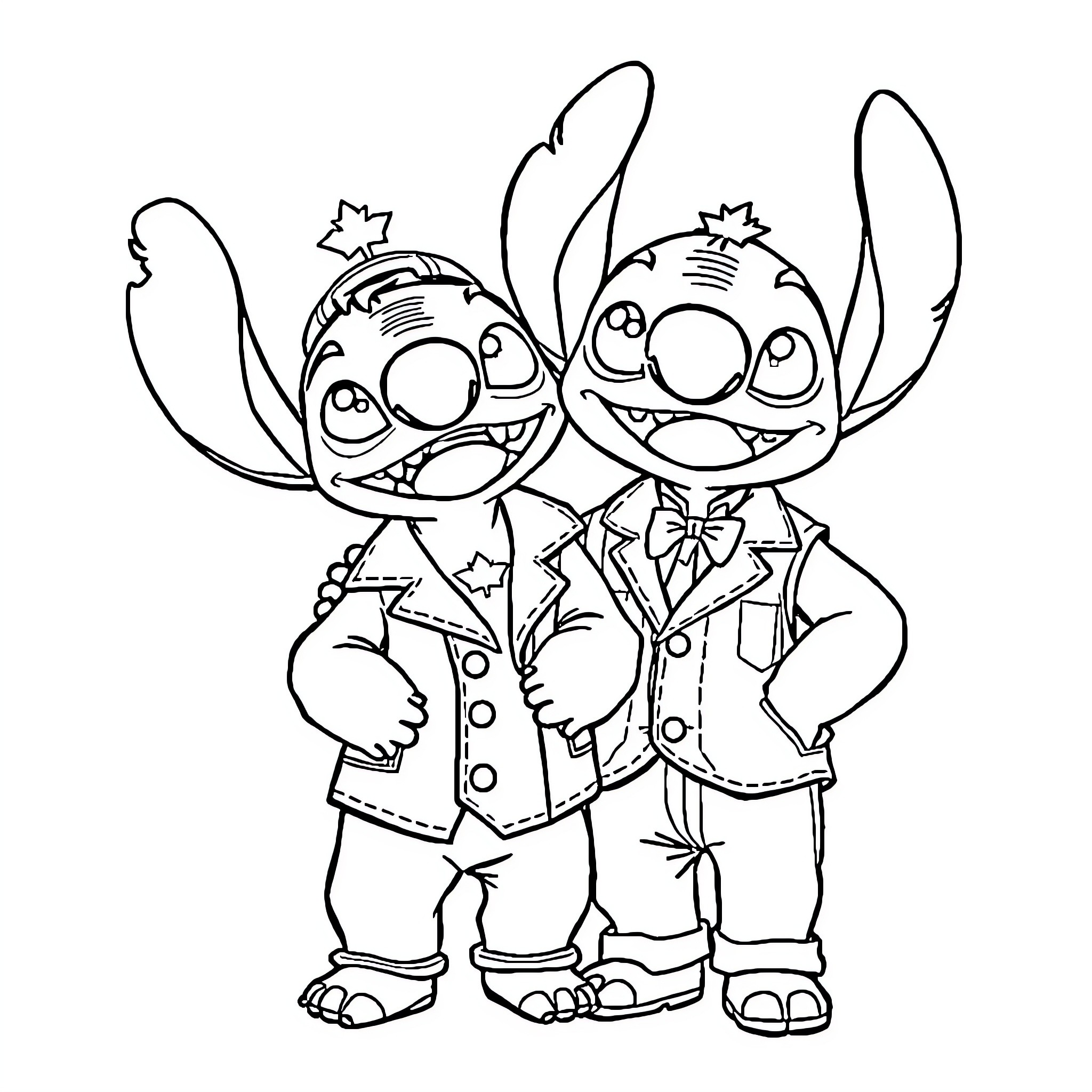 Lilo And Stitch Dressed in Formal Outfits Coloring Page (free black-and-white line drawing printable PDF for all, from beginners to advanced learners, including children, teens, adults, and seniors)