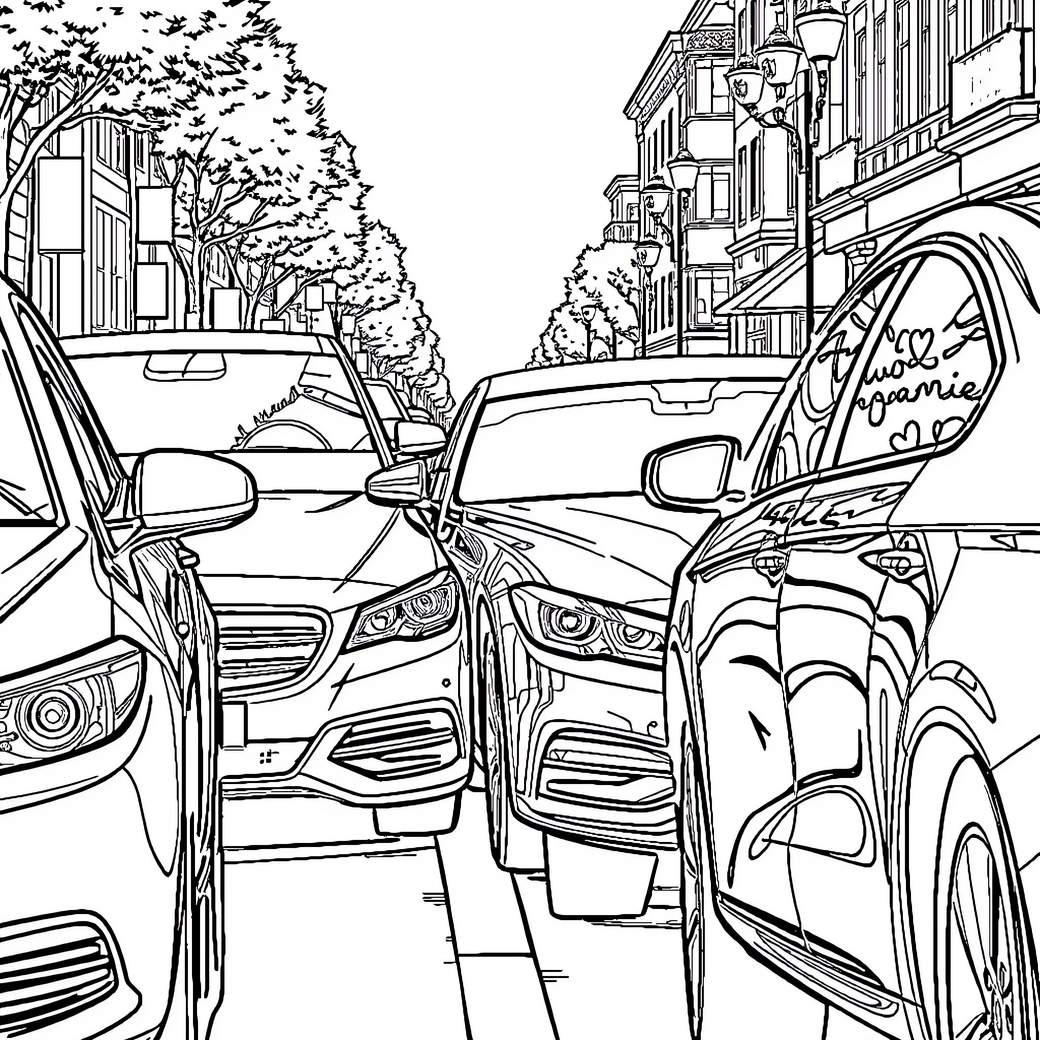 Car traffic on city street with trees Coloring Page (free black-and-white line drawing printable PDF for all, from beginners to advanced learners, including children, teens, adults, and seniors)