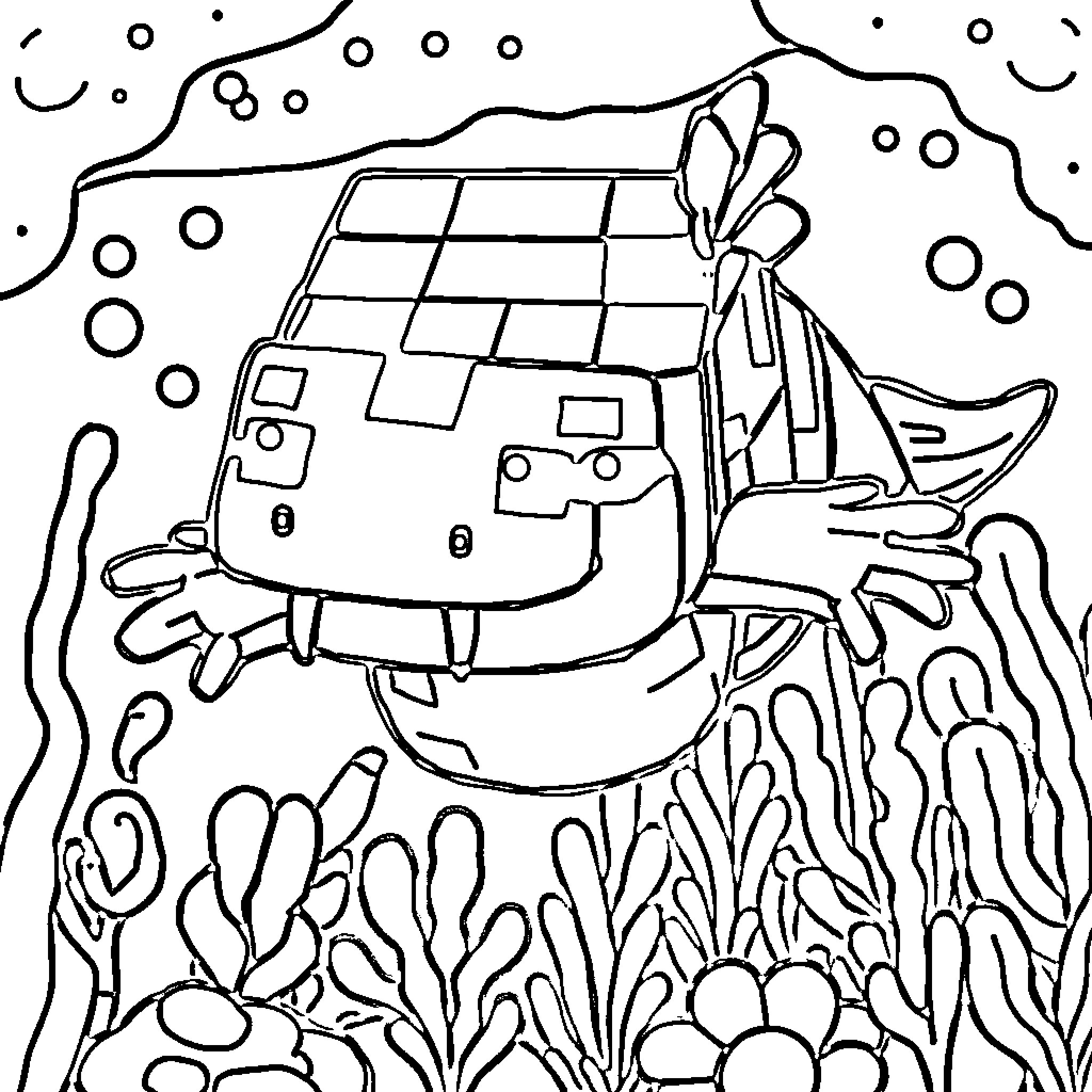 Axolotl exploring the underwater world Coloring Page (free black-and-white line drawing printable PDF for all, from beginners to advanced learners, including children, teens, adults, and seniors)