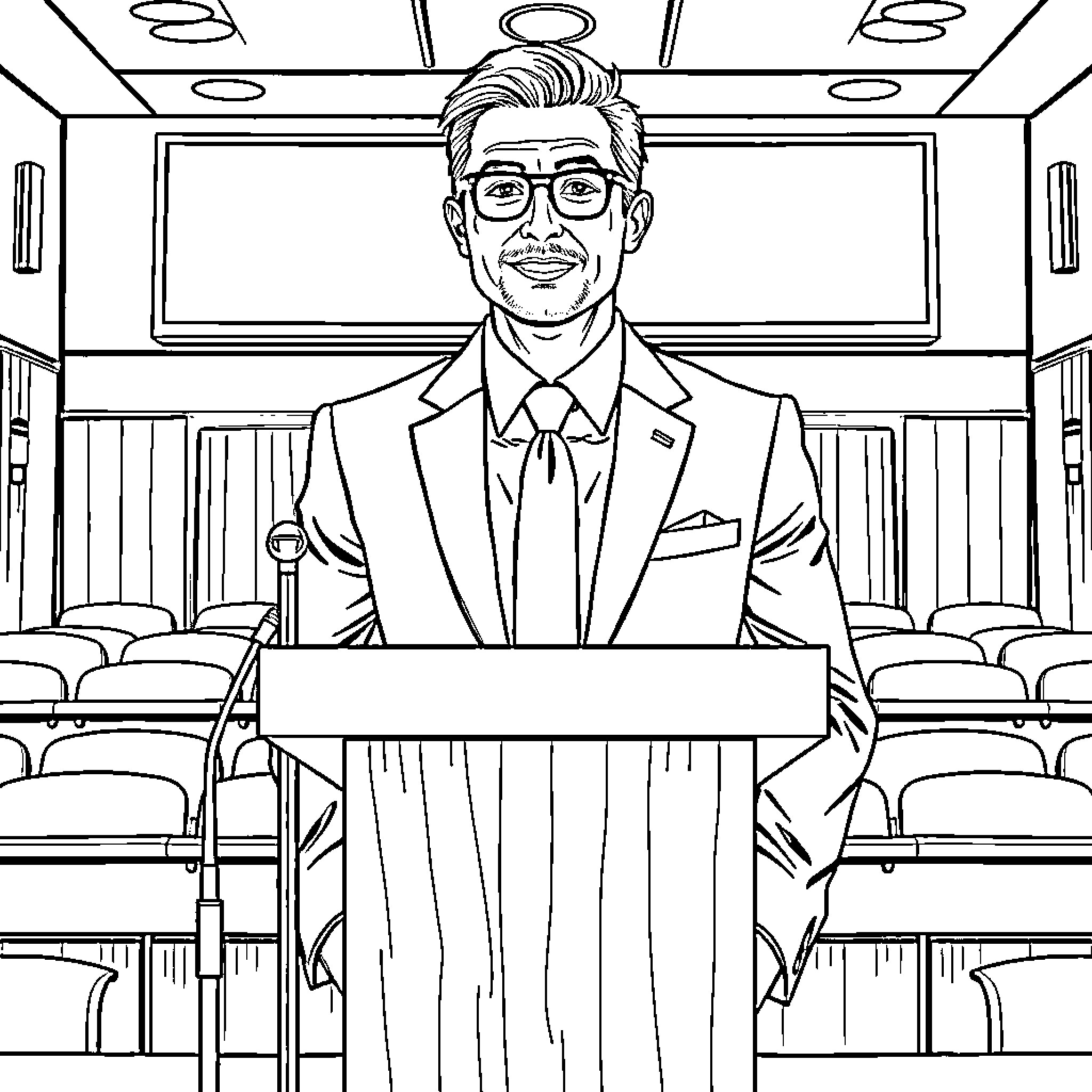 Person speaking at a podium in an auditorium Coloring Page (free black-and-white line drawing printable PDF for all, from beginners to advanced learners, including children, teens, adults, and seniors)
