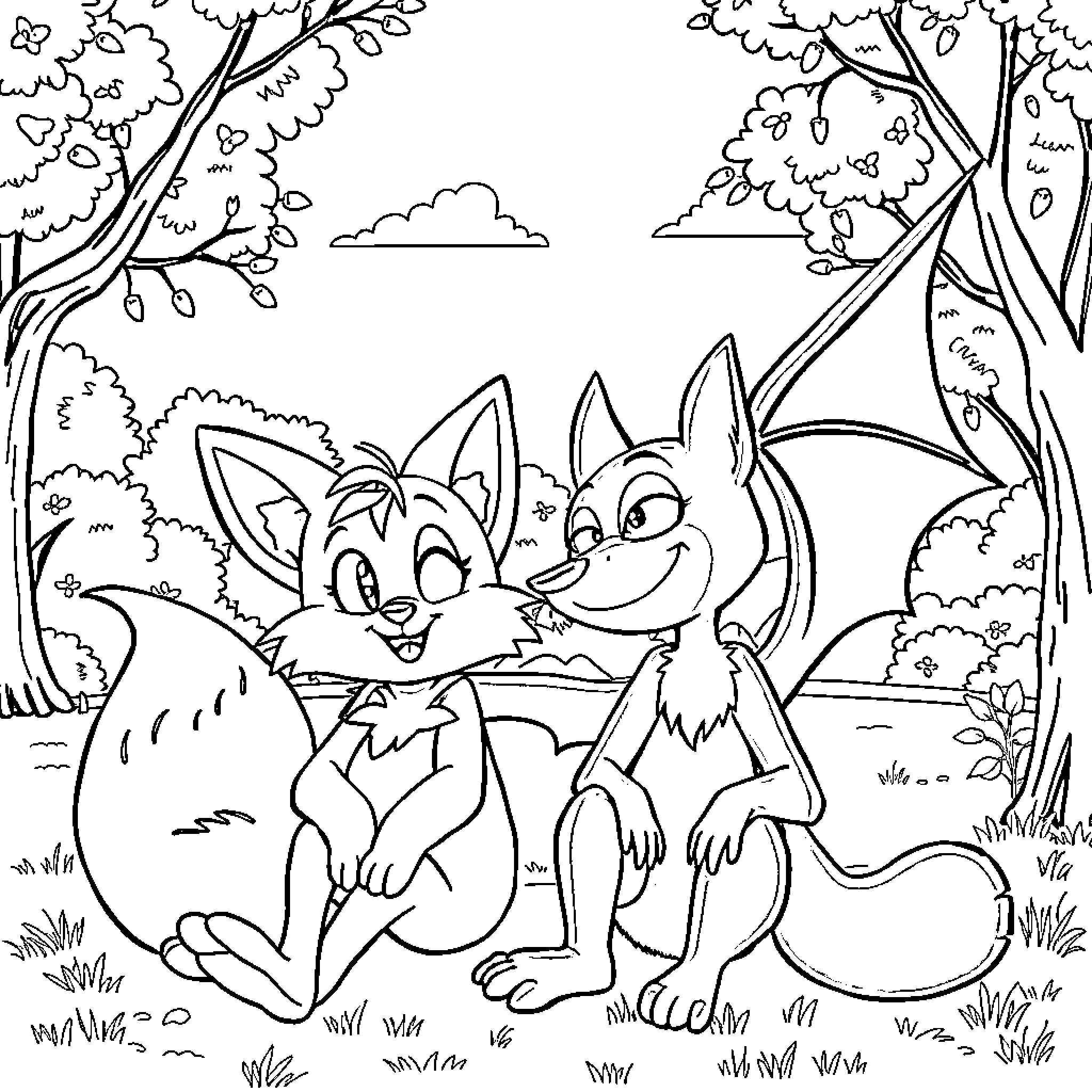 Rogue Foxes Frolicking in the Enchanted Forest Coloring Page (free black-and-white line drawing printable PDF for all, from beginners to advanced learners, including children, teens, adults, and seniors)