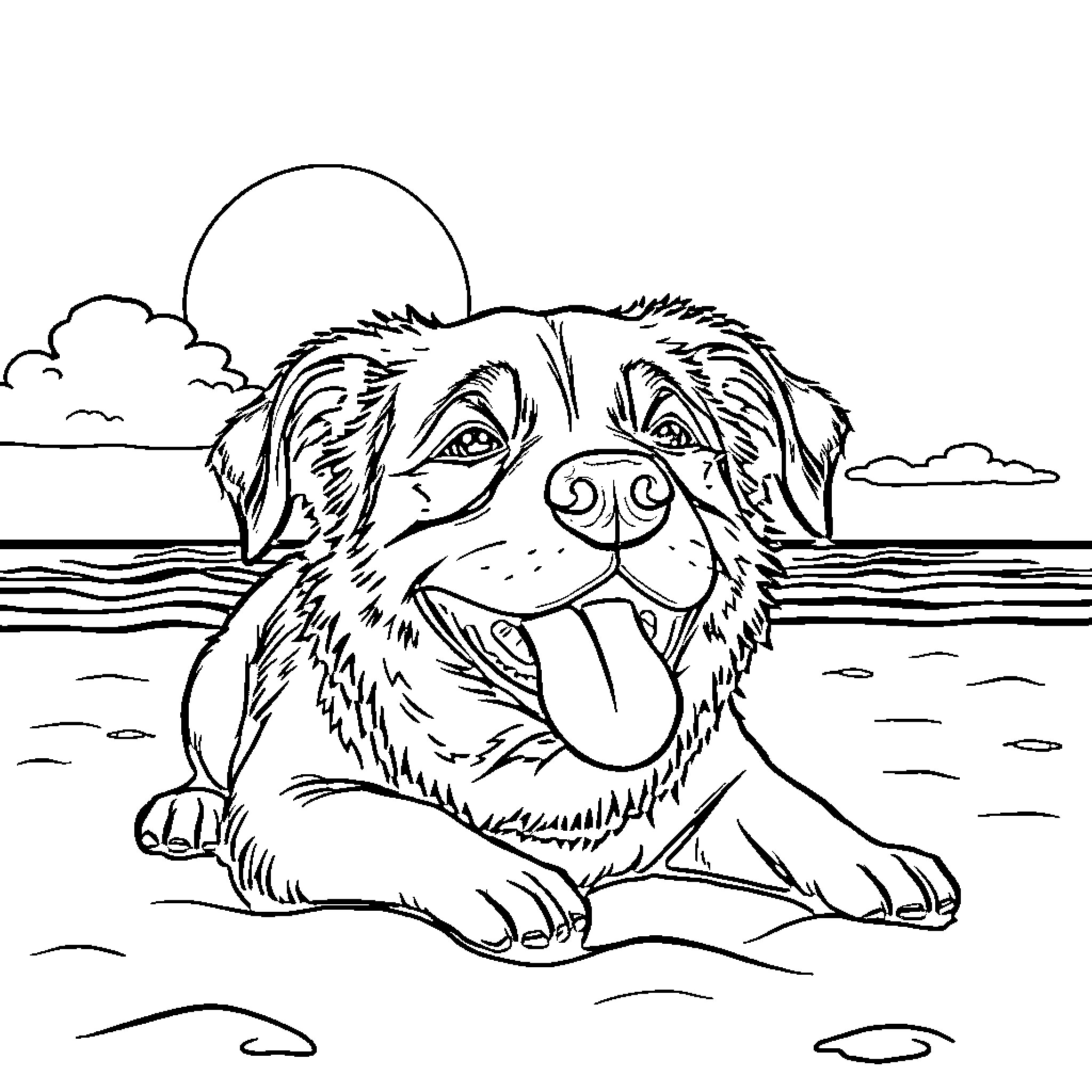Dog enjoying the beach on a sunny day Coloring Page (free black-and-white line drawing printable PDF for all, from beginners to advanced learners, including children, teens, adults, and seniors)
