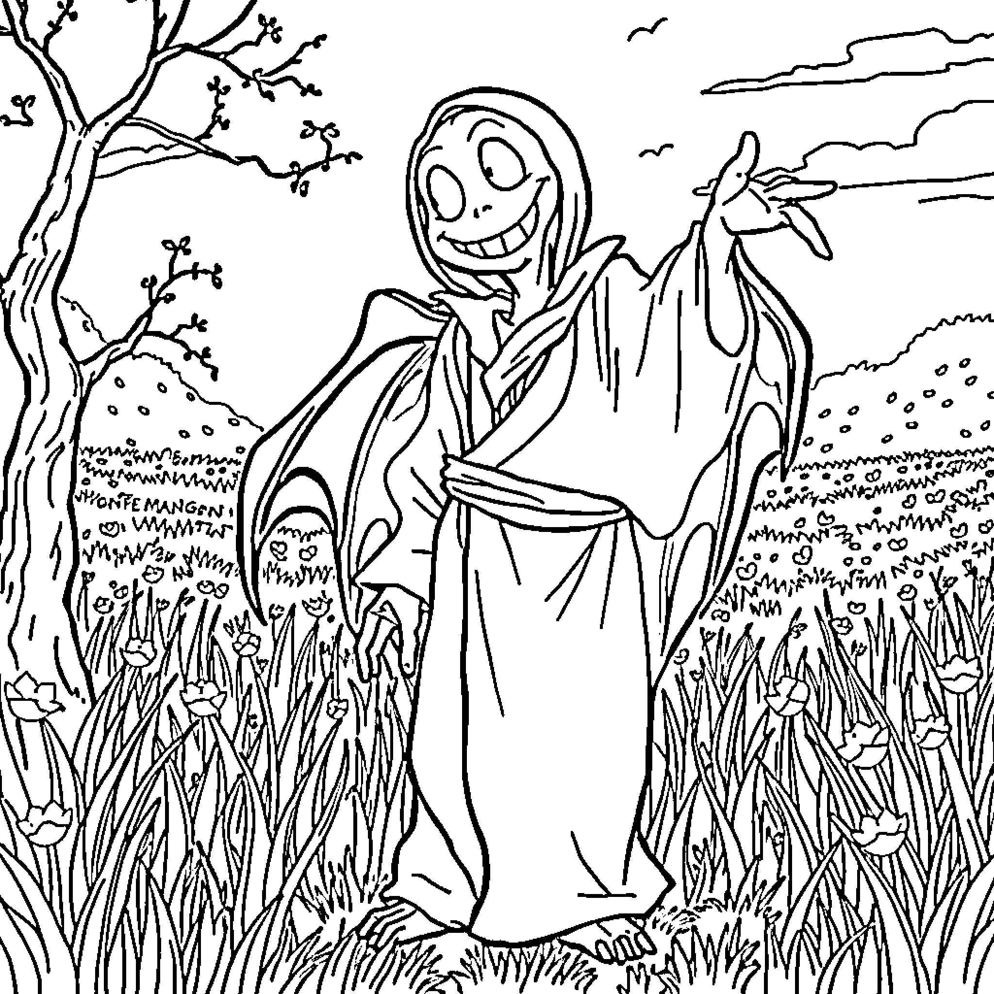 Scarecrow with a spooky expression in a field Coloring Page (free black-and-white line drawing printable PDF for all, from beginners to advanced learners, including children, teens, adults, and seniors)
