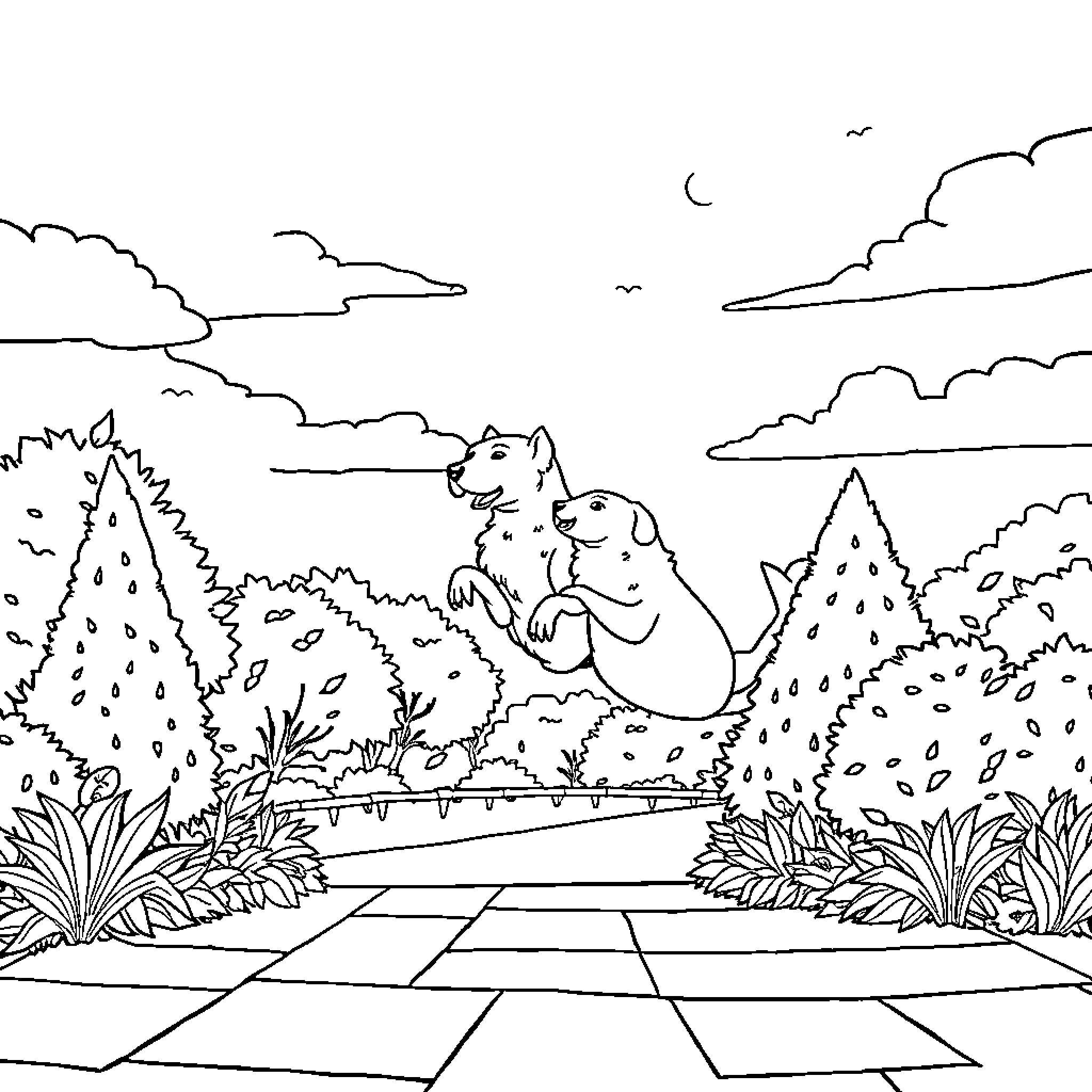 Dog playing together in a whimsical forest landscape Coloring Page (free black-and-white line drawing printable PDF for all, from beginners to advanced learners, including children, teens, adults, and seniors)