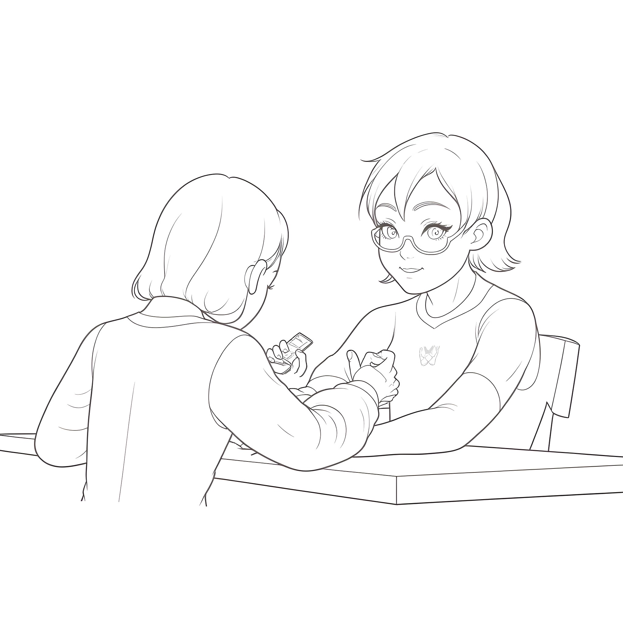 Aeon Flux: Playful Interactions at the Desk Coloring Page (free black-and-white line drawing printable PDF for all, from beginners to advanced learners, including children, teens, adults, and seniors)