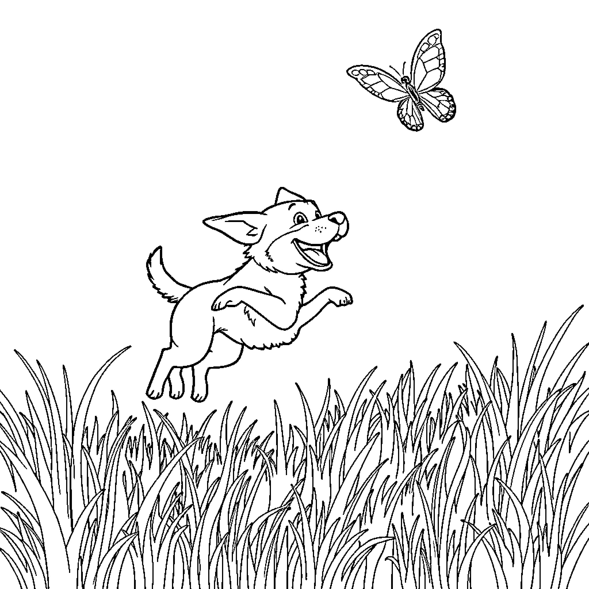 Dog chasing butterflies in the grass Coloring Page (free black-and-white line drawing printable PDF for all, from beginners to advanced learners, including children, teens, adults, and seniors)