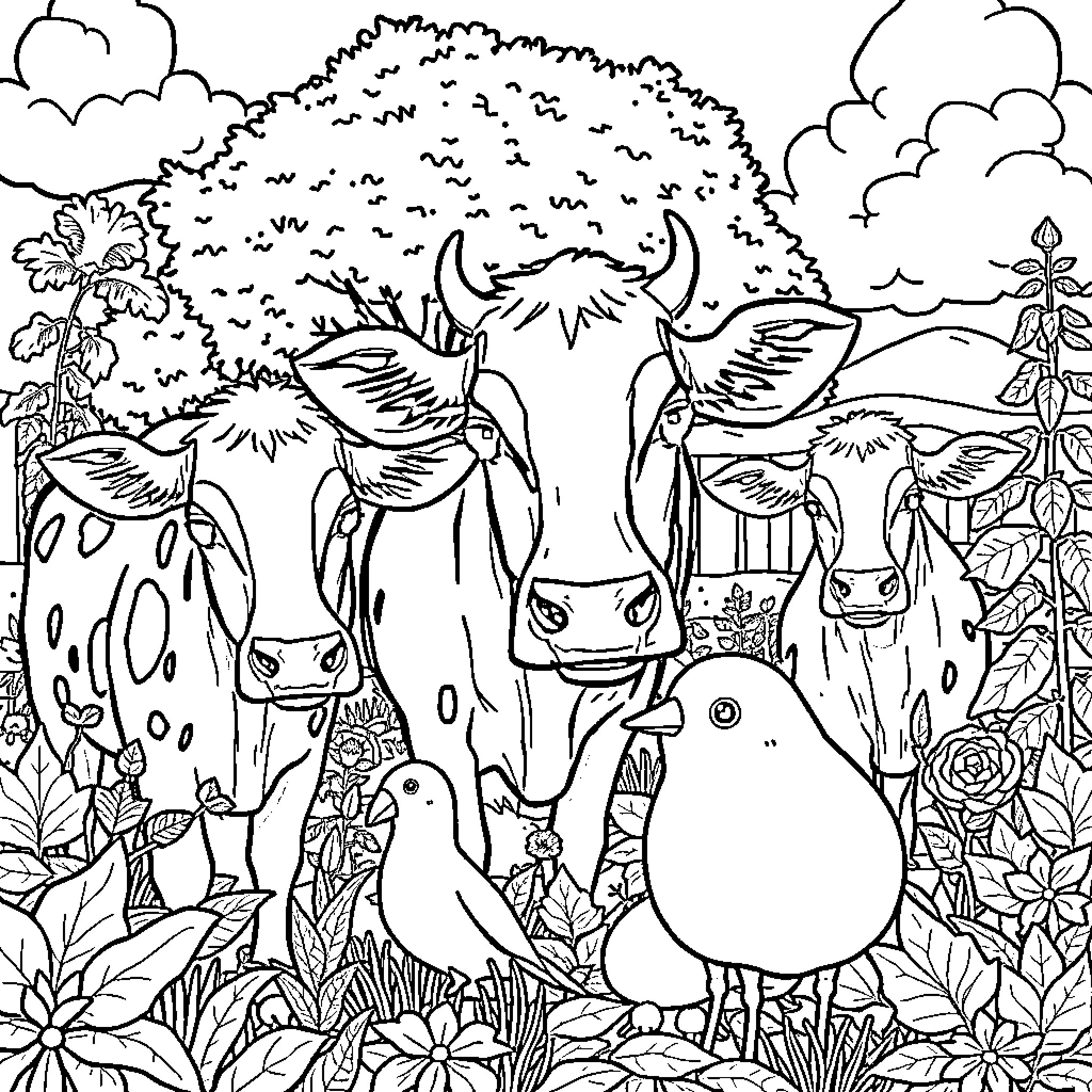 Farm animals and wildlife in lush landscape Coloring Page (free black-and-white line drawing printable PDF for all, from beginners to advanced learners, including children, teens, adults, and seniors)