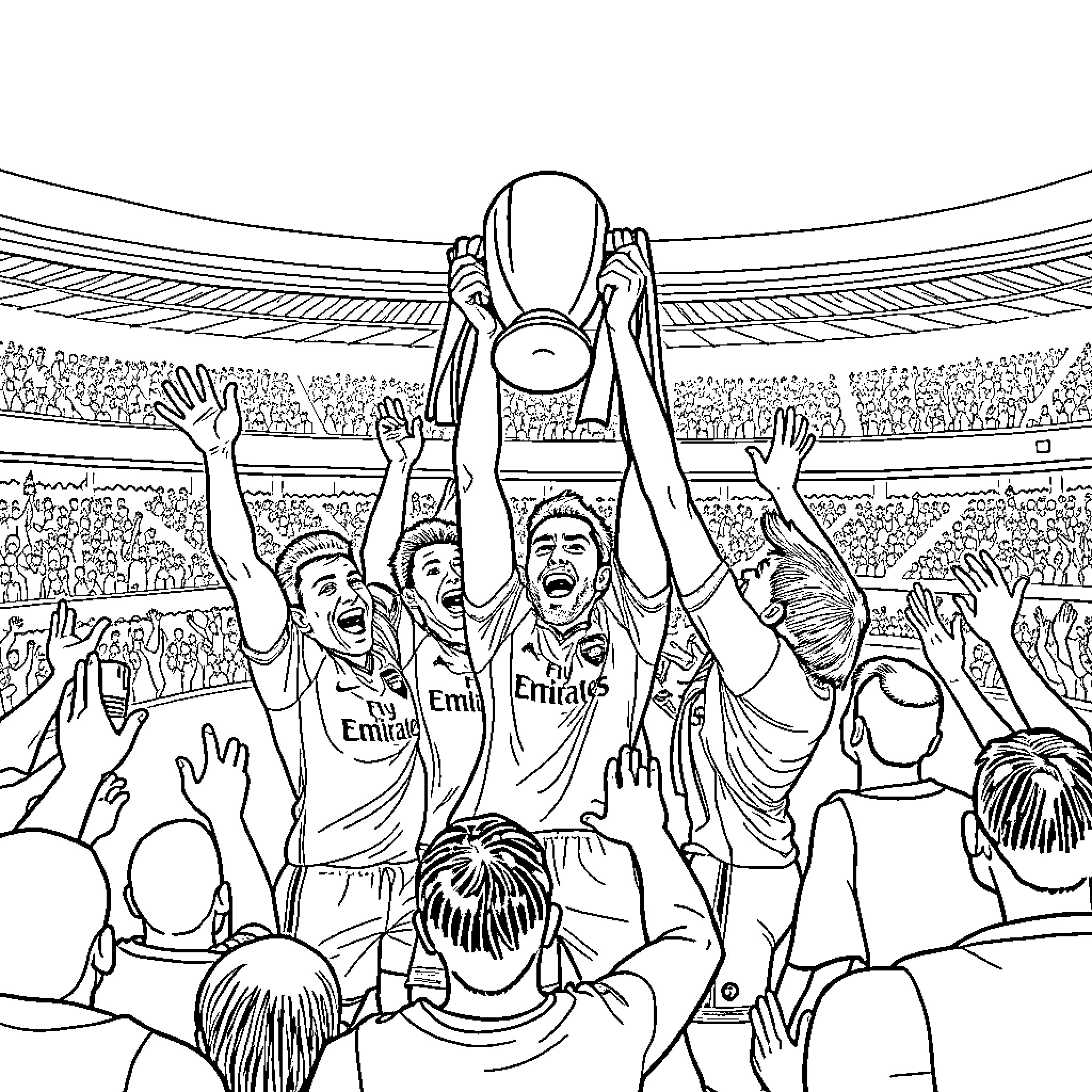 Arsenal players celebrating their victory in the stadium Coloring Page (free black-and-white line drawing printable PDF for all, from beginners to advanced learners, including children, teens, adults, and seniors)