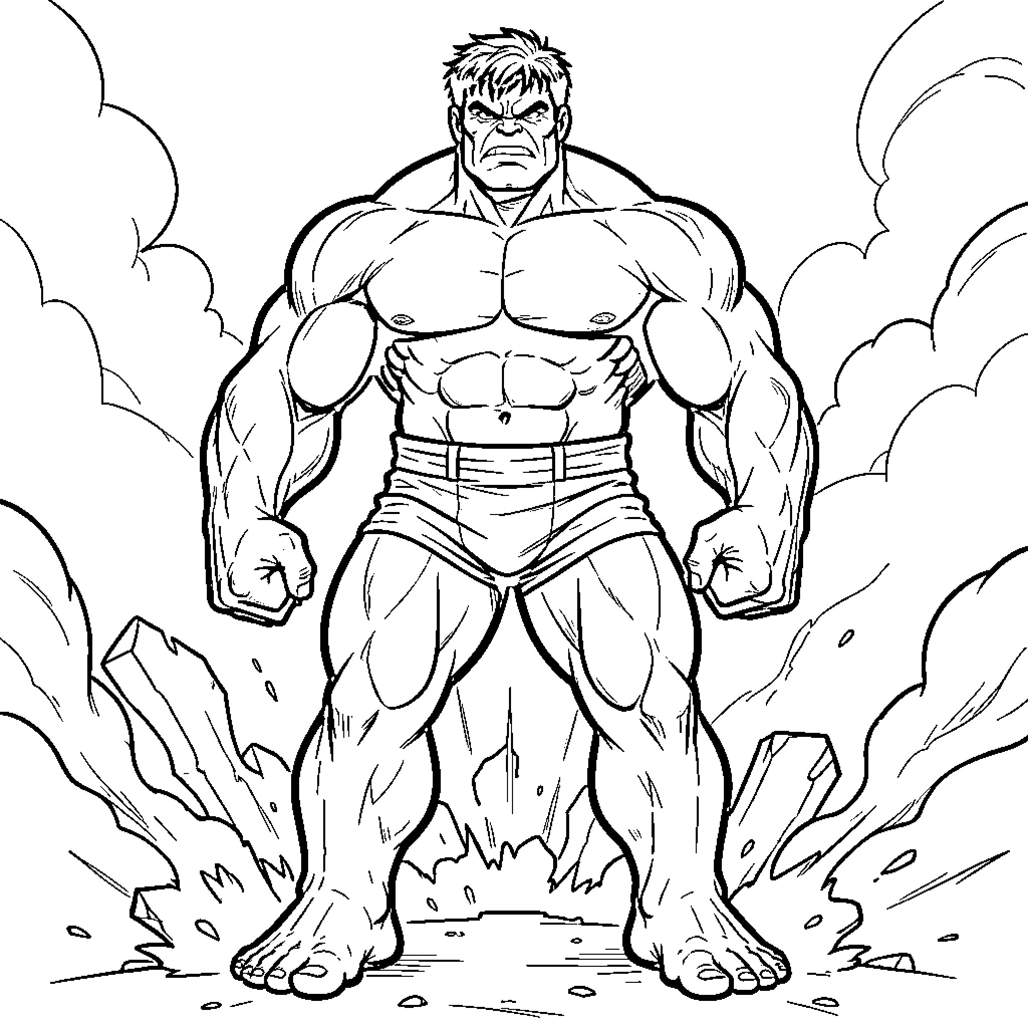 Hulk Unleashing Powerful Anger in Destructive Scene Coloring Page (free black-and-white line drawing printable PDF for all, from beginners to advanced learners, including children, teens, adults, and seniors)