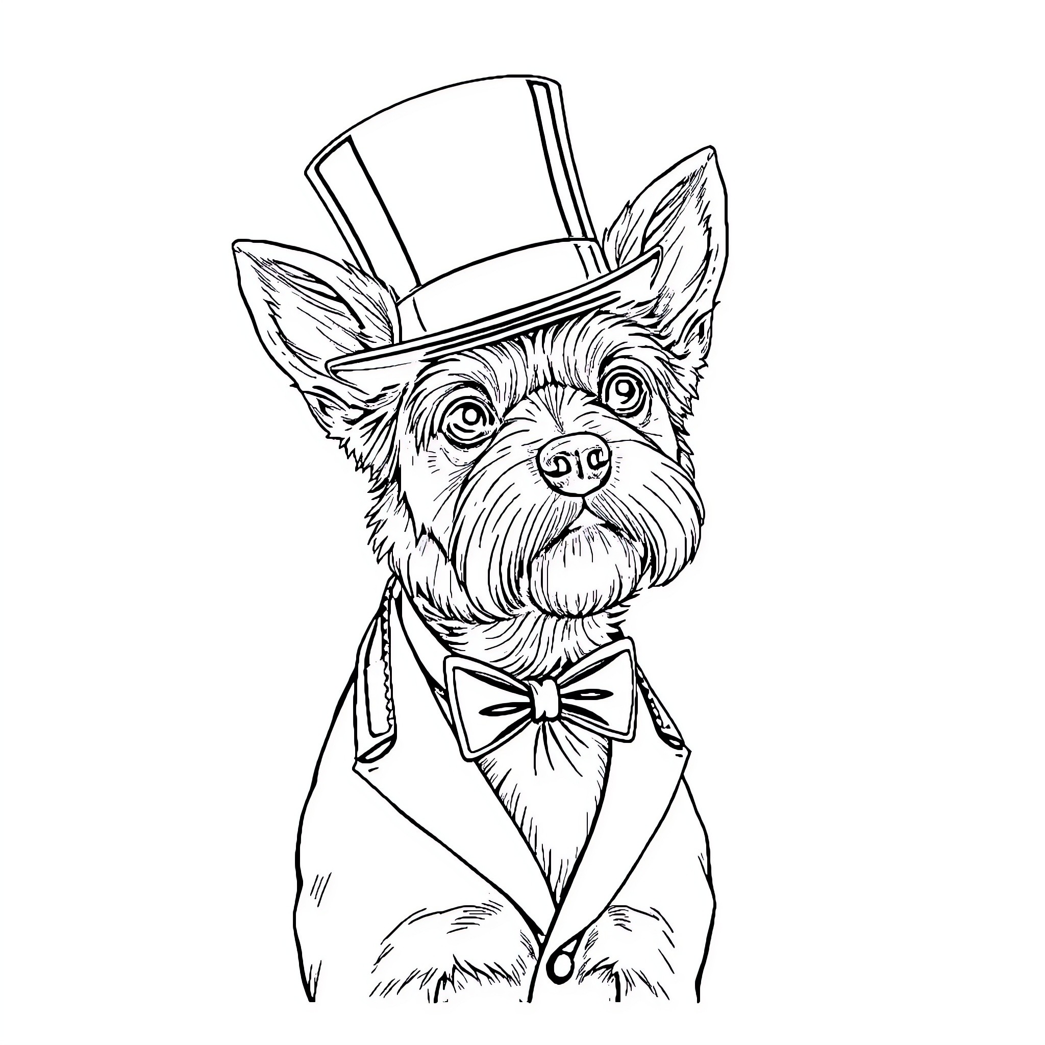 Dog dressed in formal attire with top hat Coloring Page (free black-and-white line drawing printable PDF for all, from beginners to advanced learners, including children, teens, adults, and seniors)