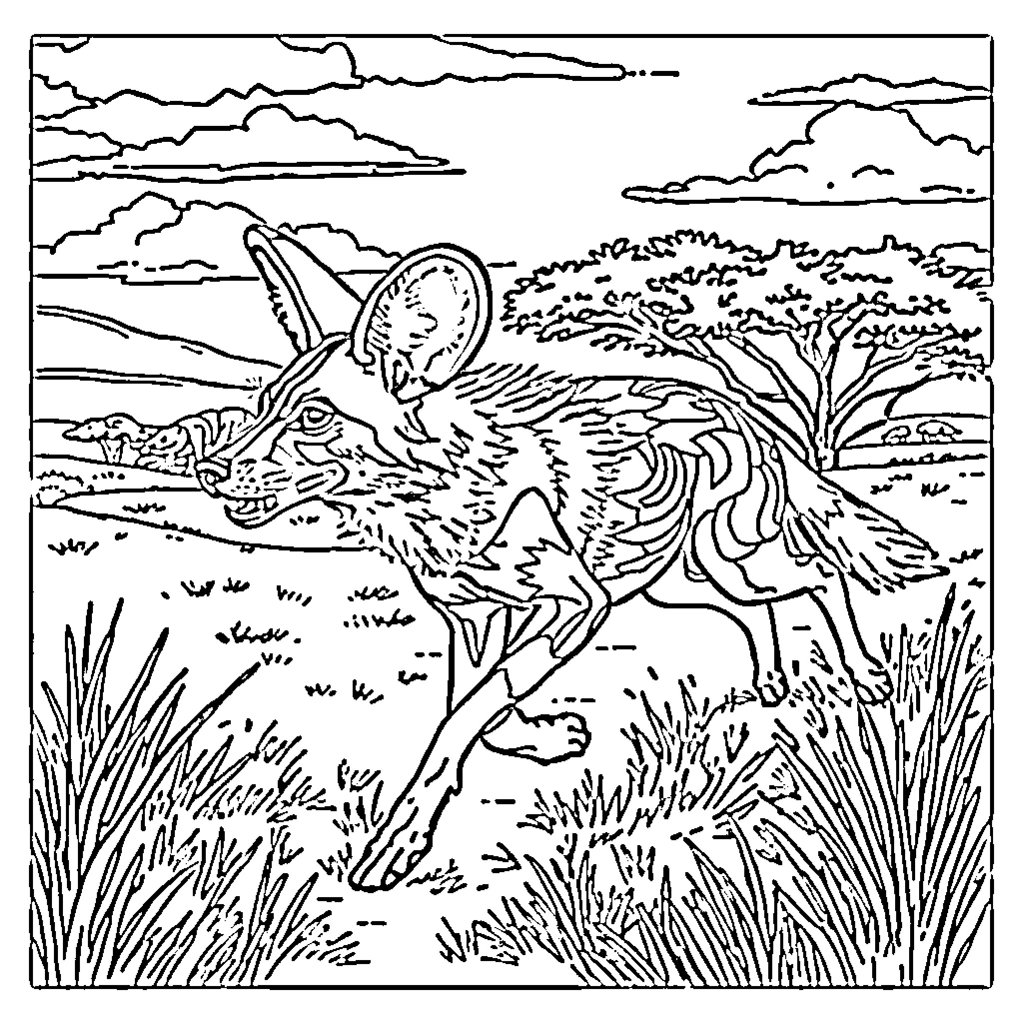 African Wild Dog Hunting in the Wilderness Coloring Page (free black-and-white line drawing printable PDF for all, from beginners to advanced learners, including children, teens, adults, and seniors)
