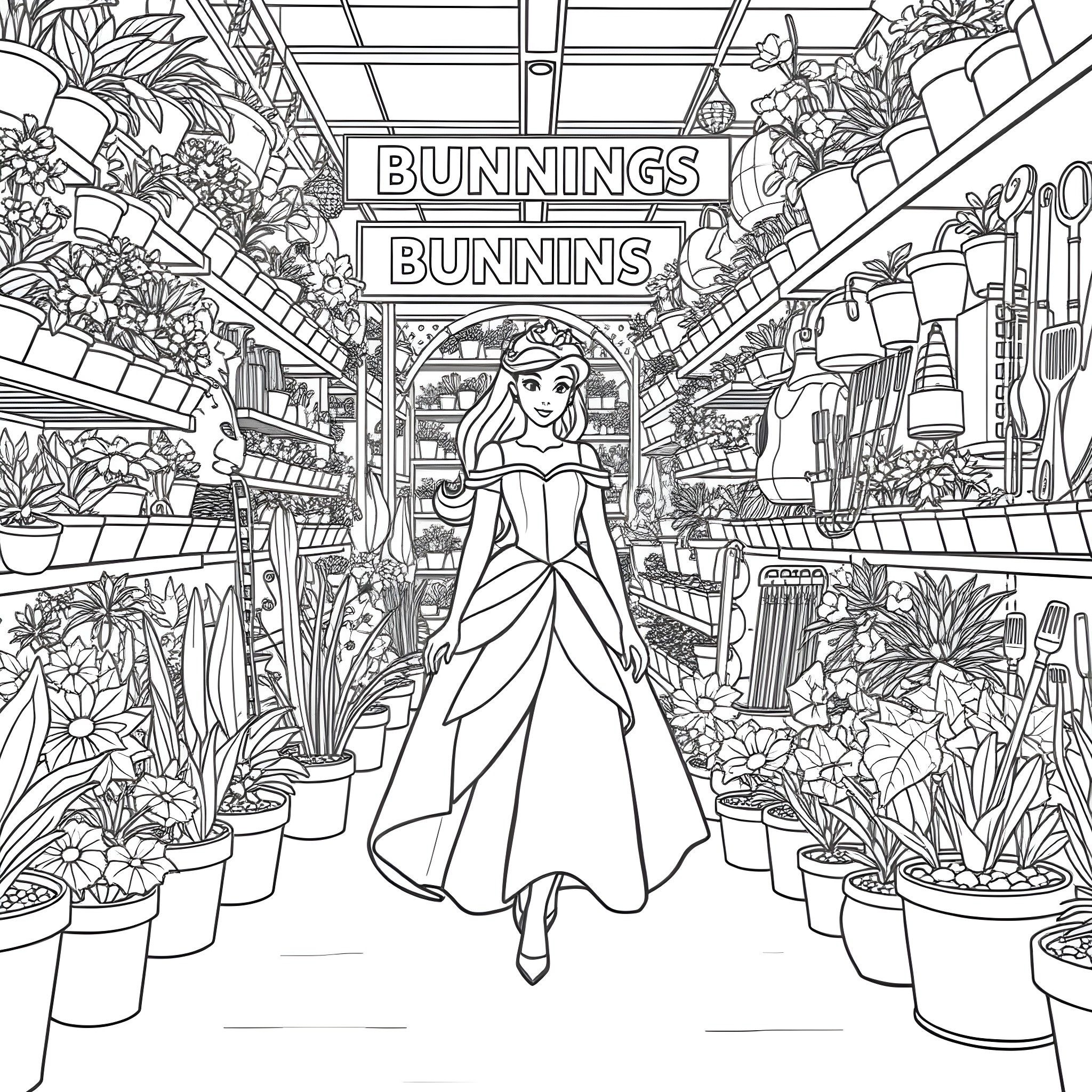 Princess shopping in a vibrant and whimsical marketplace Coloring Page (free black-and-white line drawing printable PDF for all, from beginners to advanced learners, including children, teens, adults, and seniors)