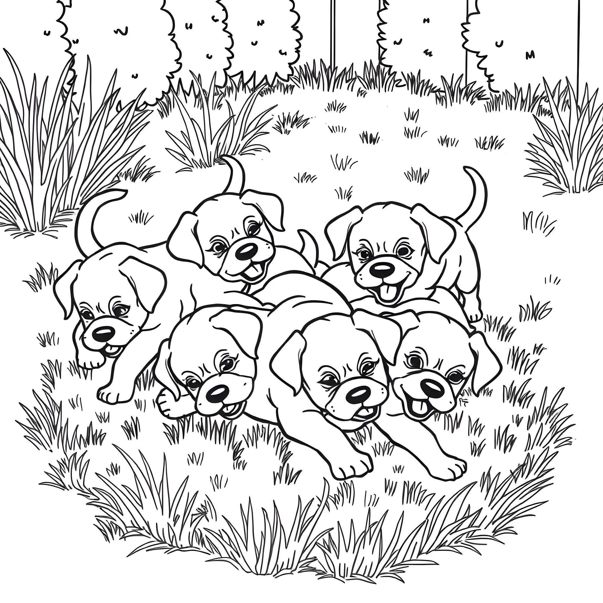 Puppy friends playing in the park Coloring Page (free black-and-white line drawing printable PDF for all, from beginners to advanced learners, including children, teens, adults, and seniors)