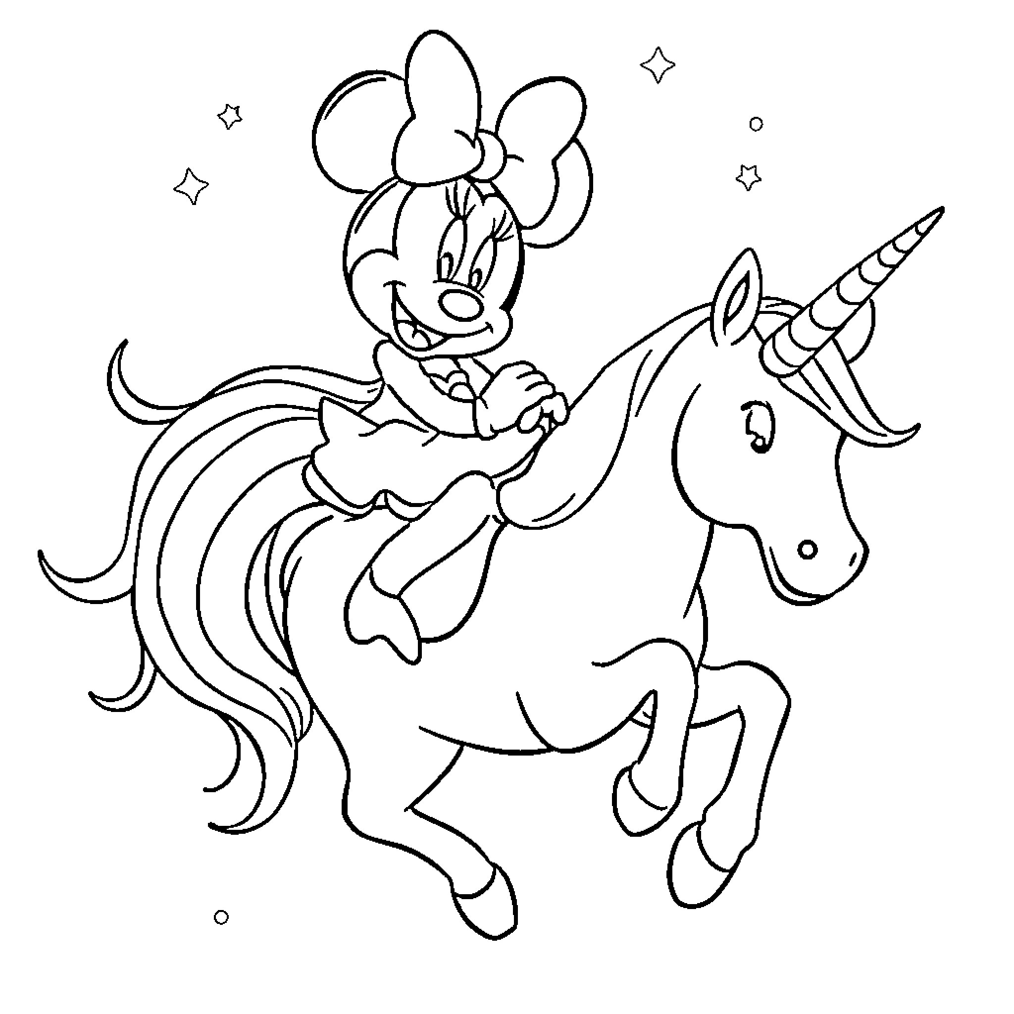 Minnie Mouse riding a magical unicorn Coloring Page (free black-and-white line drawing printable PDF for all, from beginners to advanced learners, including children, teens, adults, and seniors)