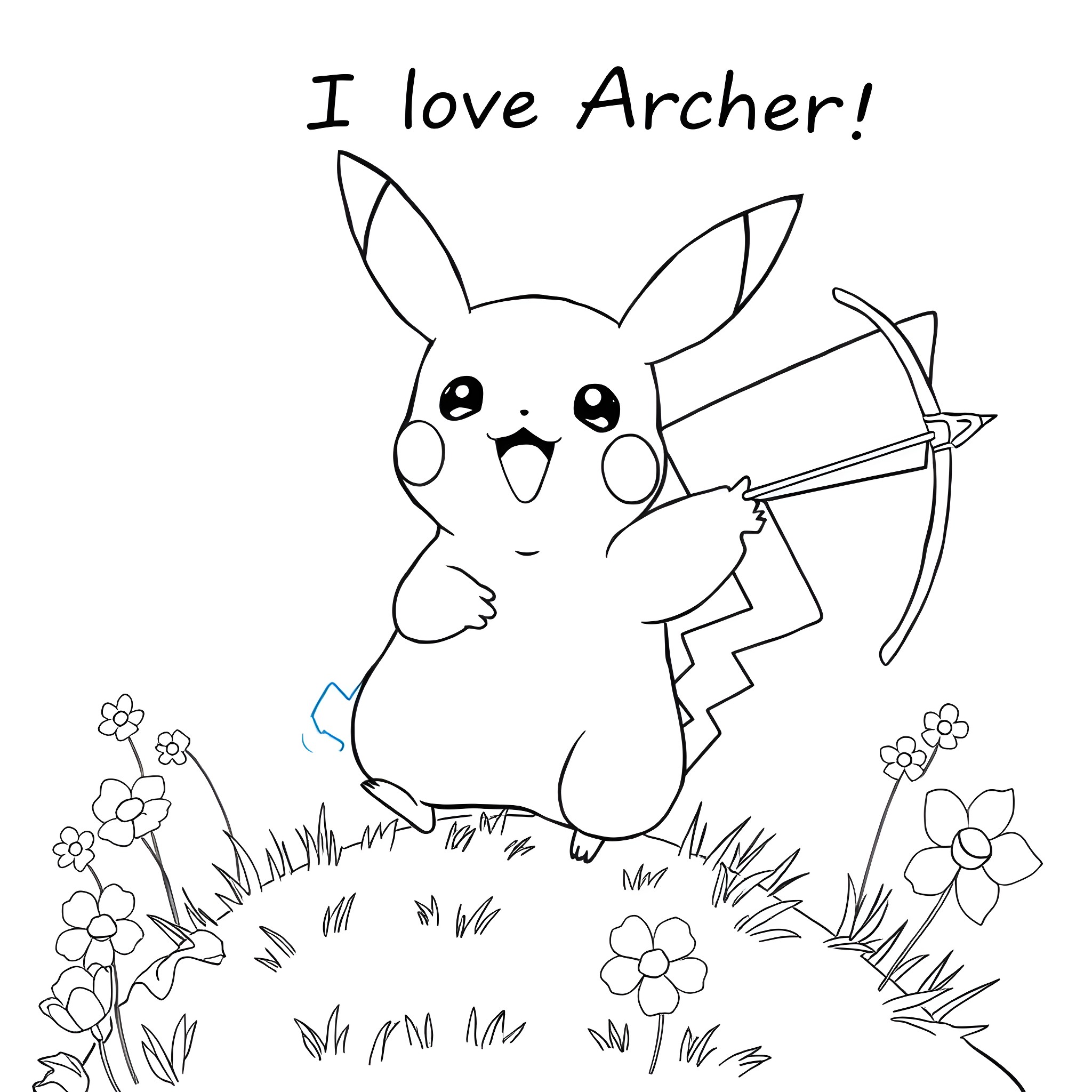 Pikachu the Archer in the Meadow Coloring Page (free black-and-white line drawing printable PDF for all, from beginners to advanced learners, including children, teens, adults, and seniors)