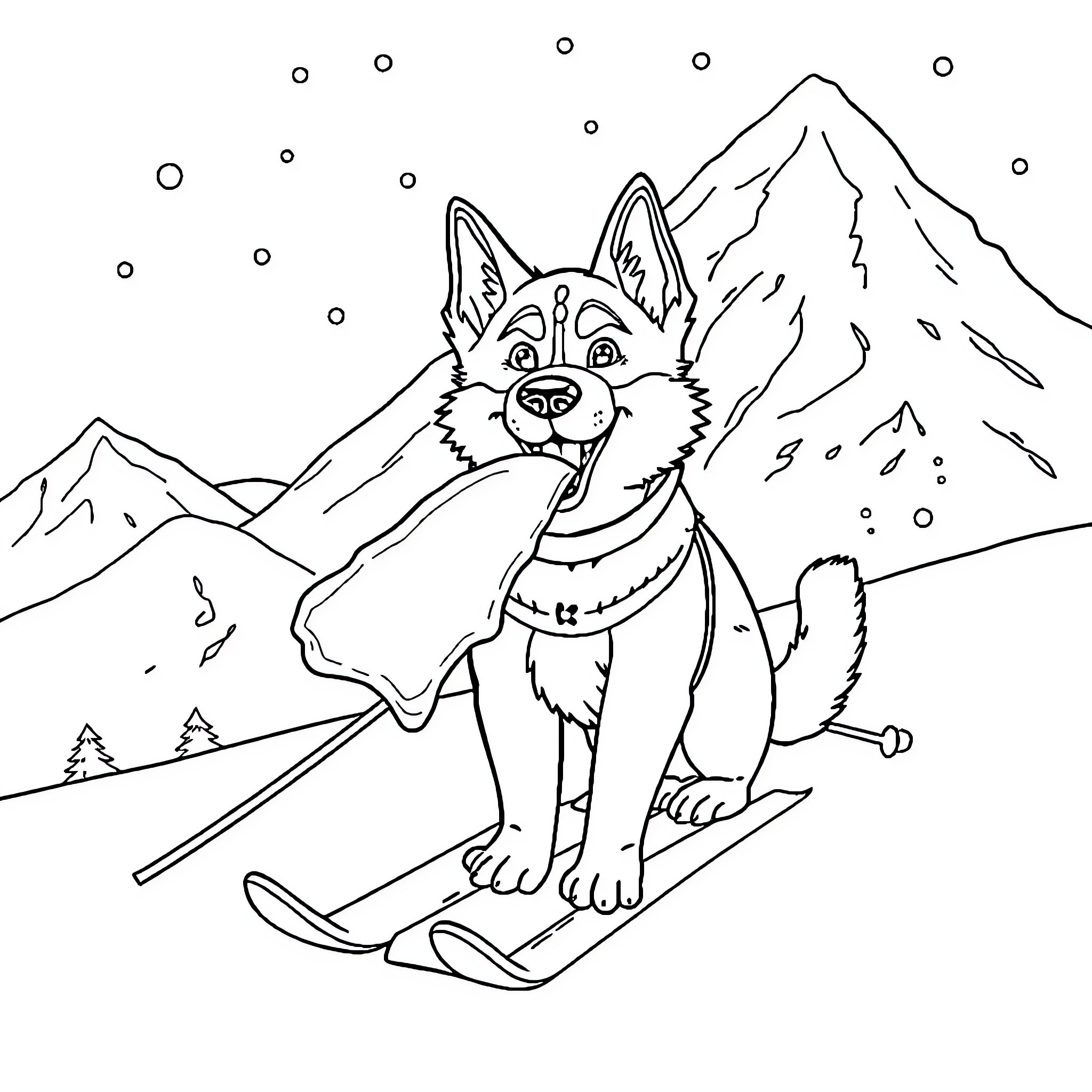 Bluey enjoying winter adventures on the slopes Coloring Page (free black-and-white line drawing printable PDF for all, from beginners to advanced learners, including children, teens, adults, and seniors)
