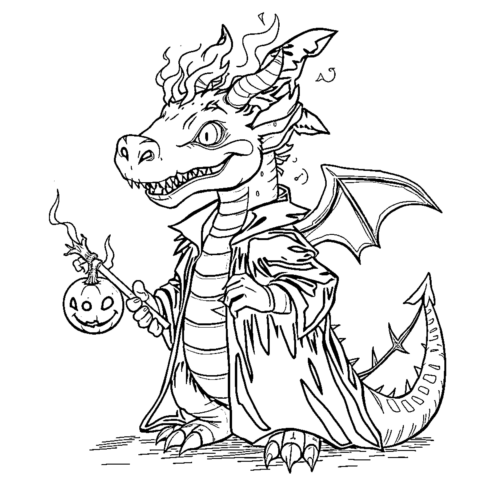 Dracaufeu in a spooky Halloween costume Coloring Page (free black-and-white line drawing printable PDF for all, from beginners to advanced learners, including children, teens, adults, and seniors)