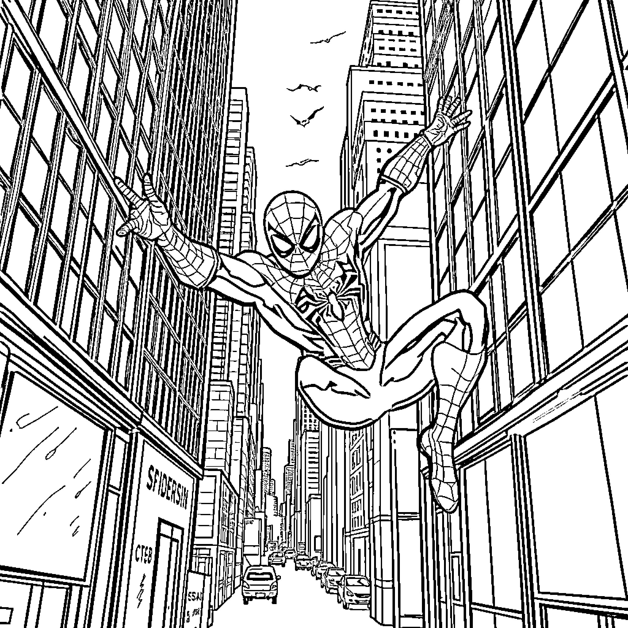 Spiderman swinging through the city skyline Coloring Page (free black-and-white line drawing printable PDF for all, from beginners to advanced learners, including children, teens, adults, and seniors)