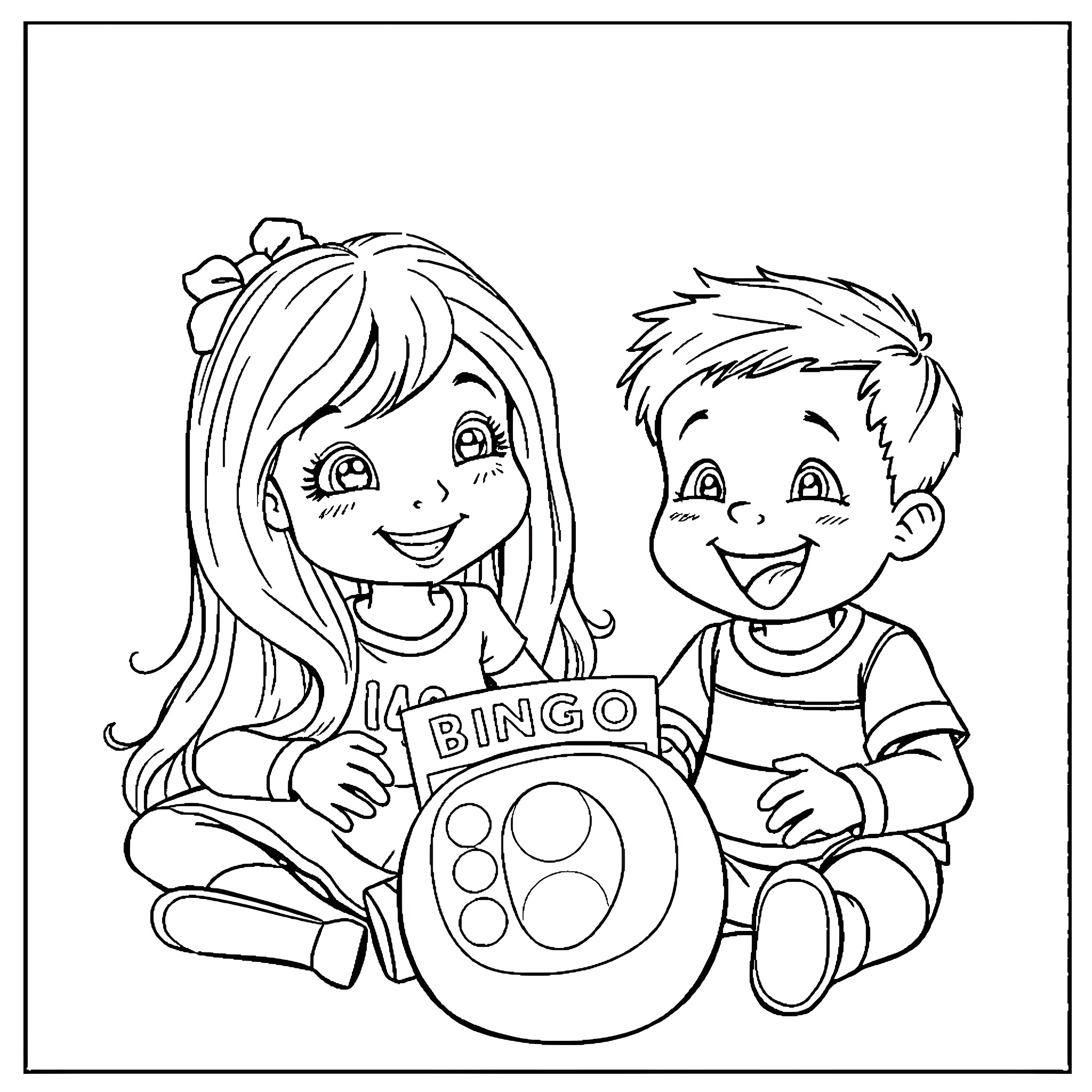 Girl and Boy Playing Bingo Together Coloring Page (free black-and-white line drawing printable PDF for all, from beginners to advanced learners, including children, teens, adults, and seniors)