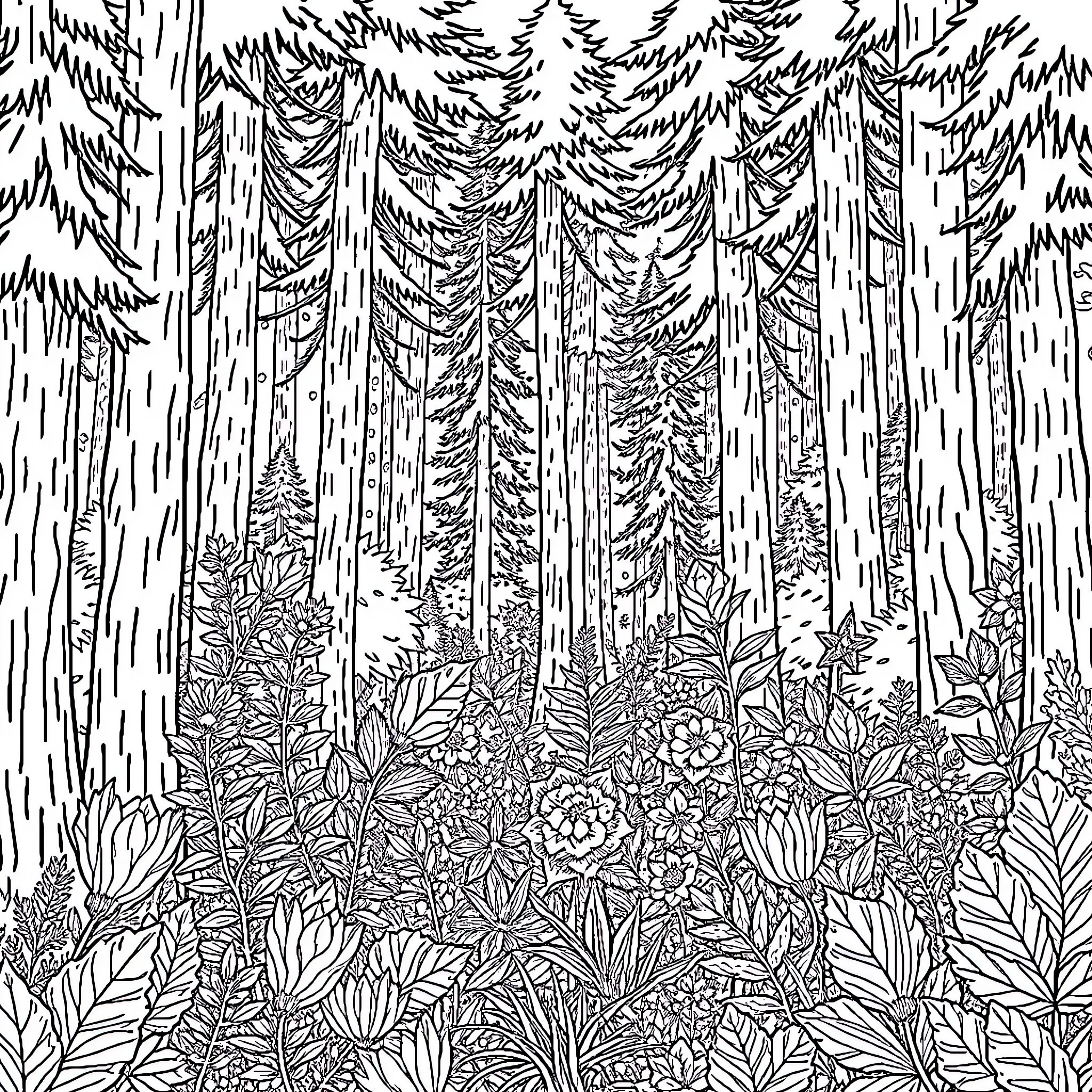 Forest Landscape with Intricate Foliage and Vegetation Coloring Page (free black-and-white line drawing printable PDF for all, from beginners to advanced learners, including children, teens, adults, and seniors)