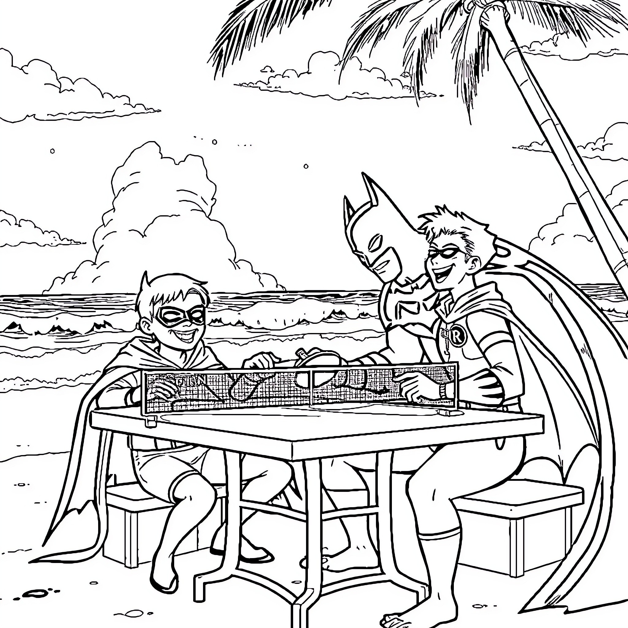 Batman and sidekick enjoying beach activities Coloring Page (free black-and-white line drawing printable PDF for all, from beginners to advanced learners, including children, teens, adults, and seniors)