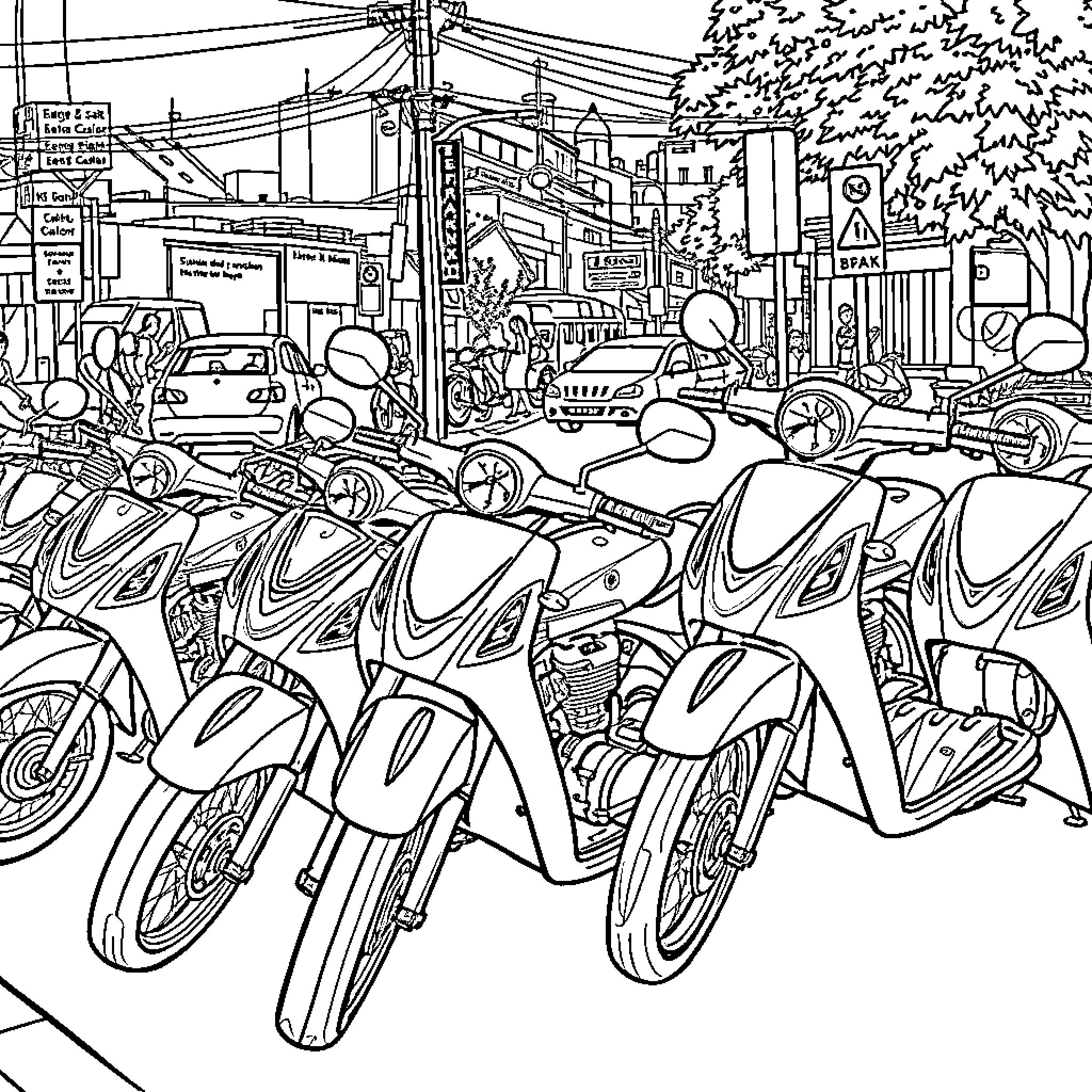 Moto Scooters Parked on Busy Urban Street Coloring Page (free black-and-white line drawing printable PDF for all, from beginners to advanced learners, including children, teens, adults, and seniors)
