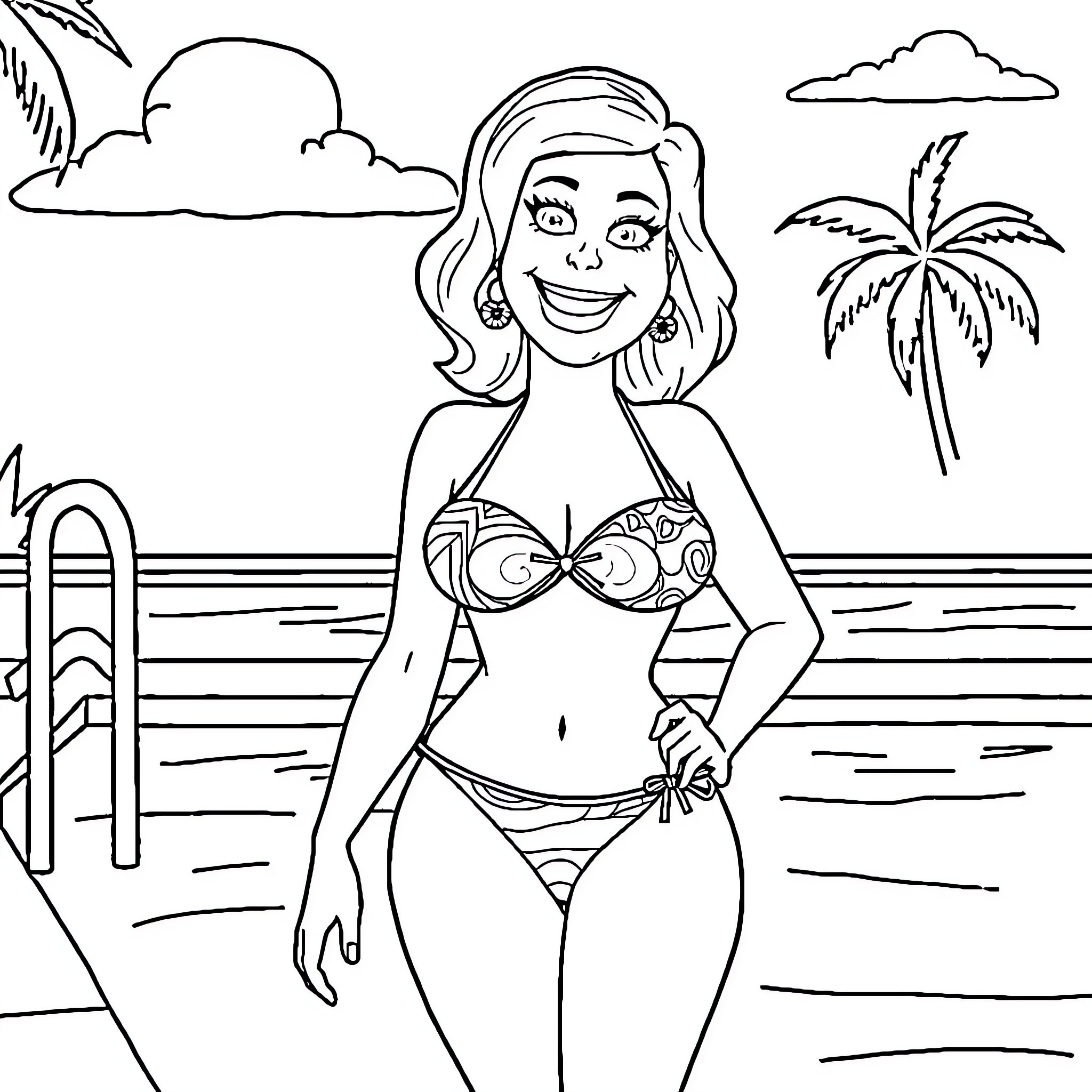 Lois Griffin enjoying a sunny day at the beach Coloring Page (free black-and-white line drawing printable PDF for all, from beginners to advanced learners, including children, teens, adults, and seniors)