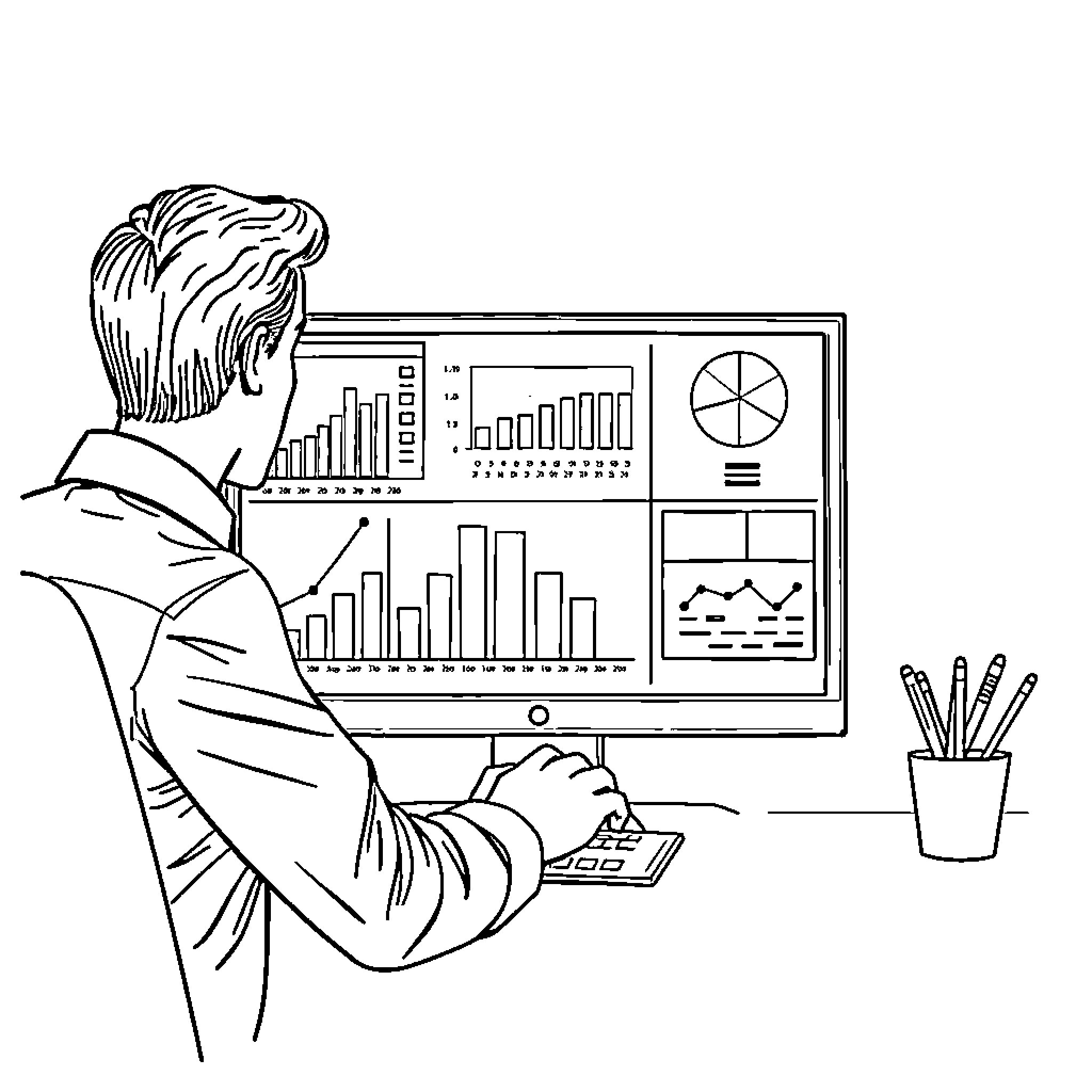 Project Manager Analyzing Data on Dashboard Coloring Page (free black-and-white line drawing printable PDF for all, from beginners to advanced learners, including children, teens, adults, and seniors)