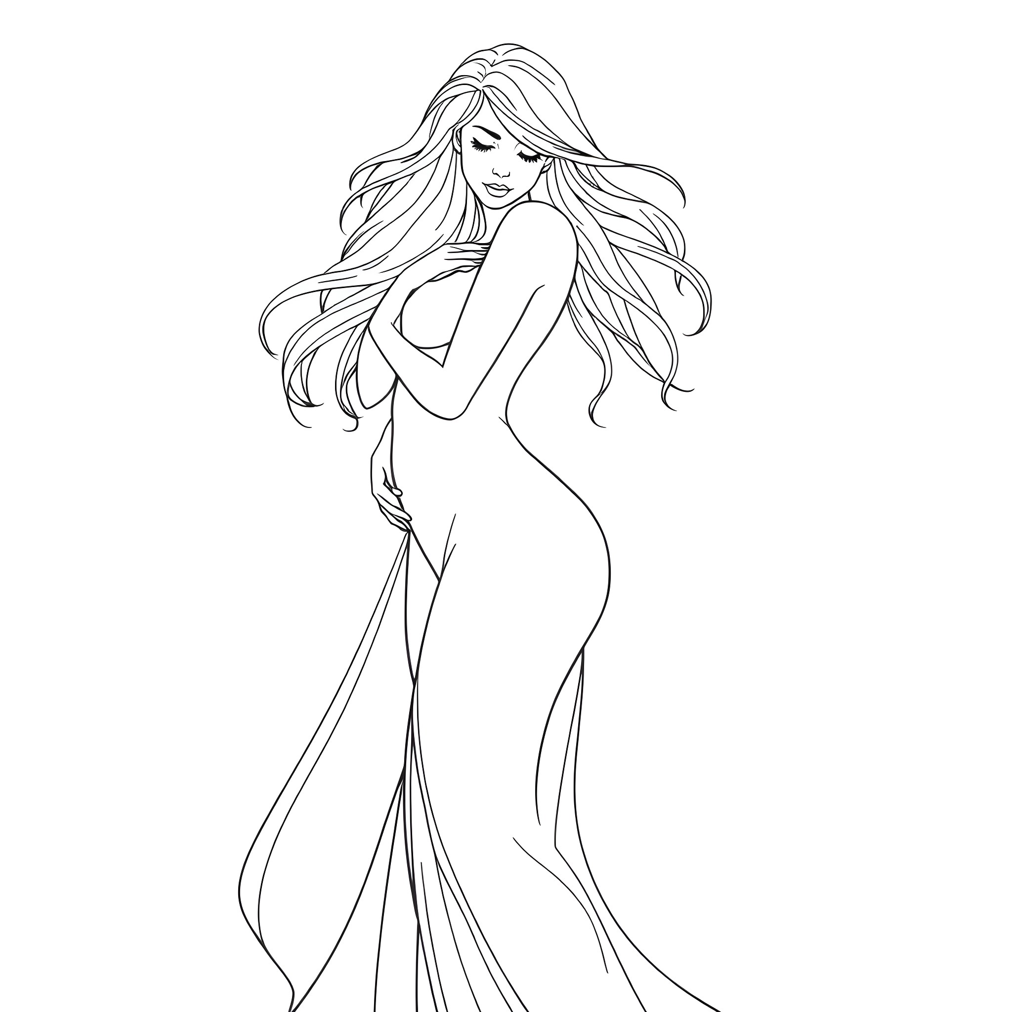 Woman in a flowing gown with long hair Coloring Page (free black-and-white line drawing printable PDF for all, from beginners to advanced learners, including children, teens, adults, and seniors)