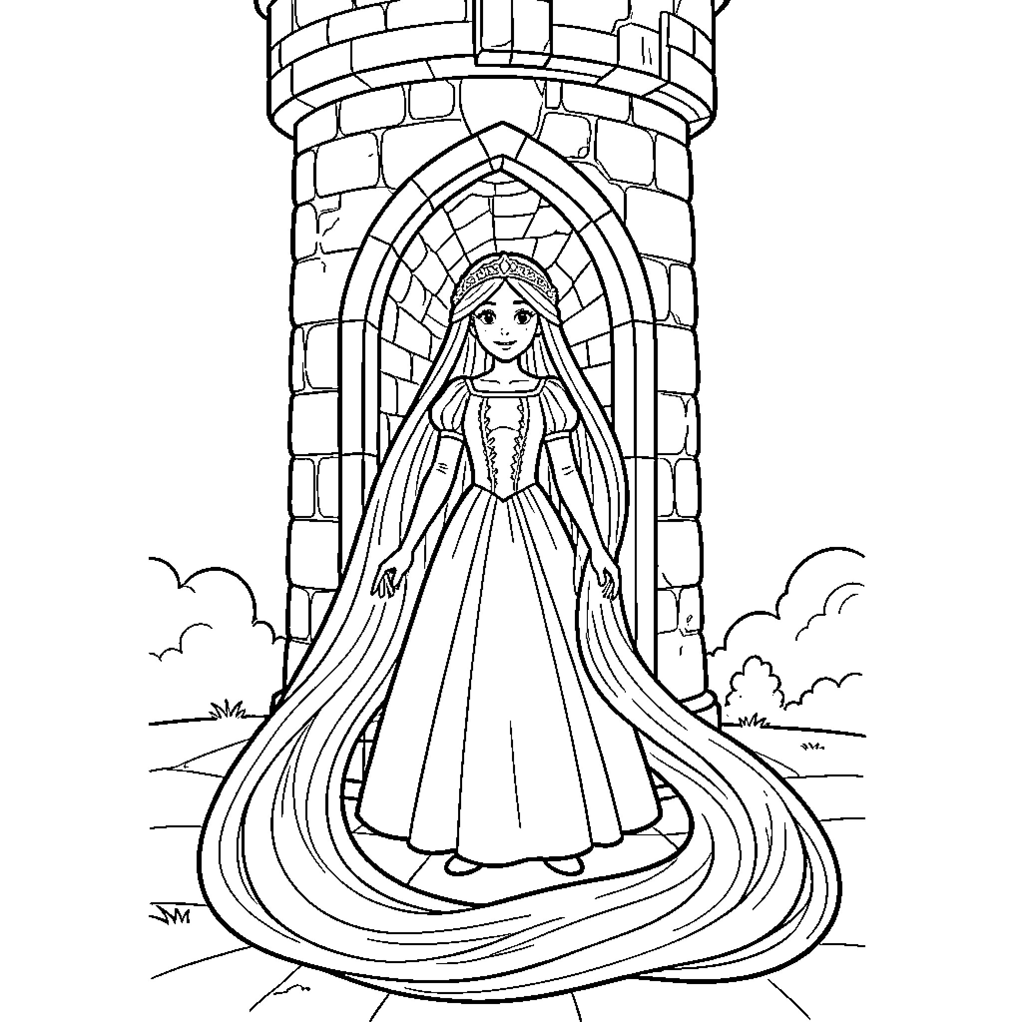Rapunzel standing gracefully in a stone tower doorway Coloring Page (free black-and-white line drawing printable PDF for all, from beginners to advanced learners, including children, teens, adults, and seniors)