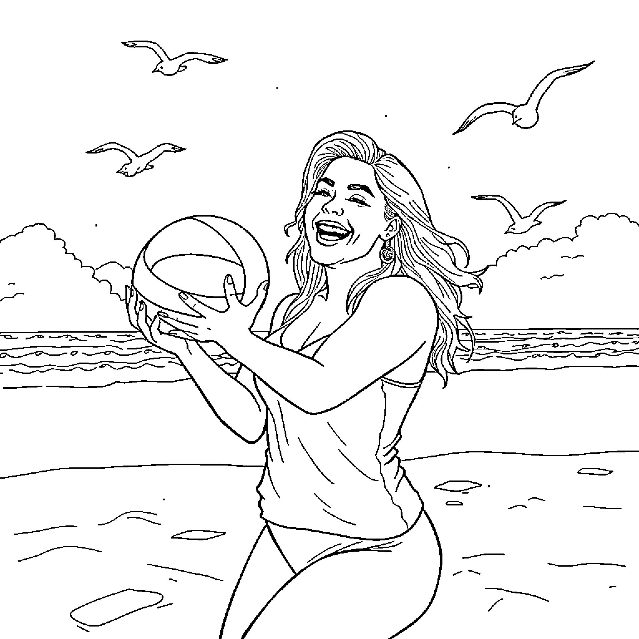 Kelly Clarkson playing joyfully with beachball on the shore Coloring Page (free black-and-white line drawing printable PDF for all, from beginners to advanced learners, including children, teens, adults, and seniors)