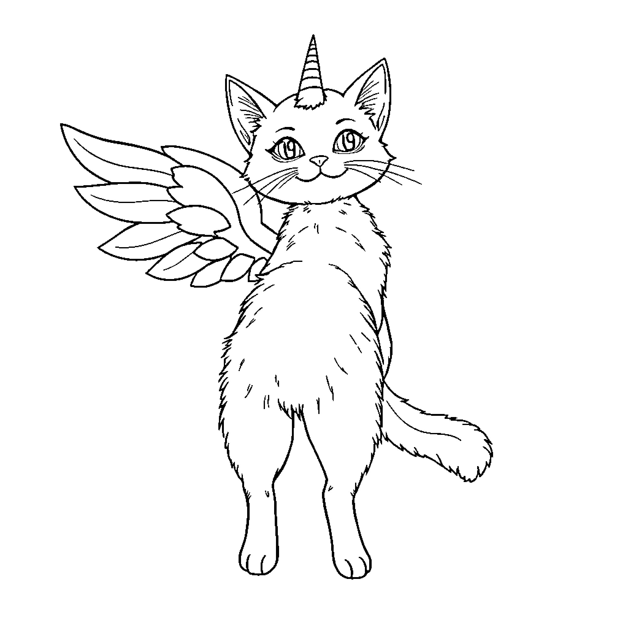 Cat with magical wings and a horn Coloring Page (free black-and-white line drawing printable PDF for all, from beginners to advanced learners, including children, teens, adults, and seniors)