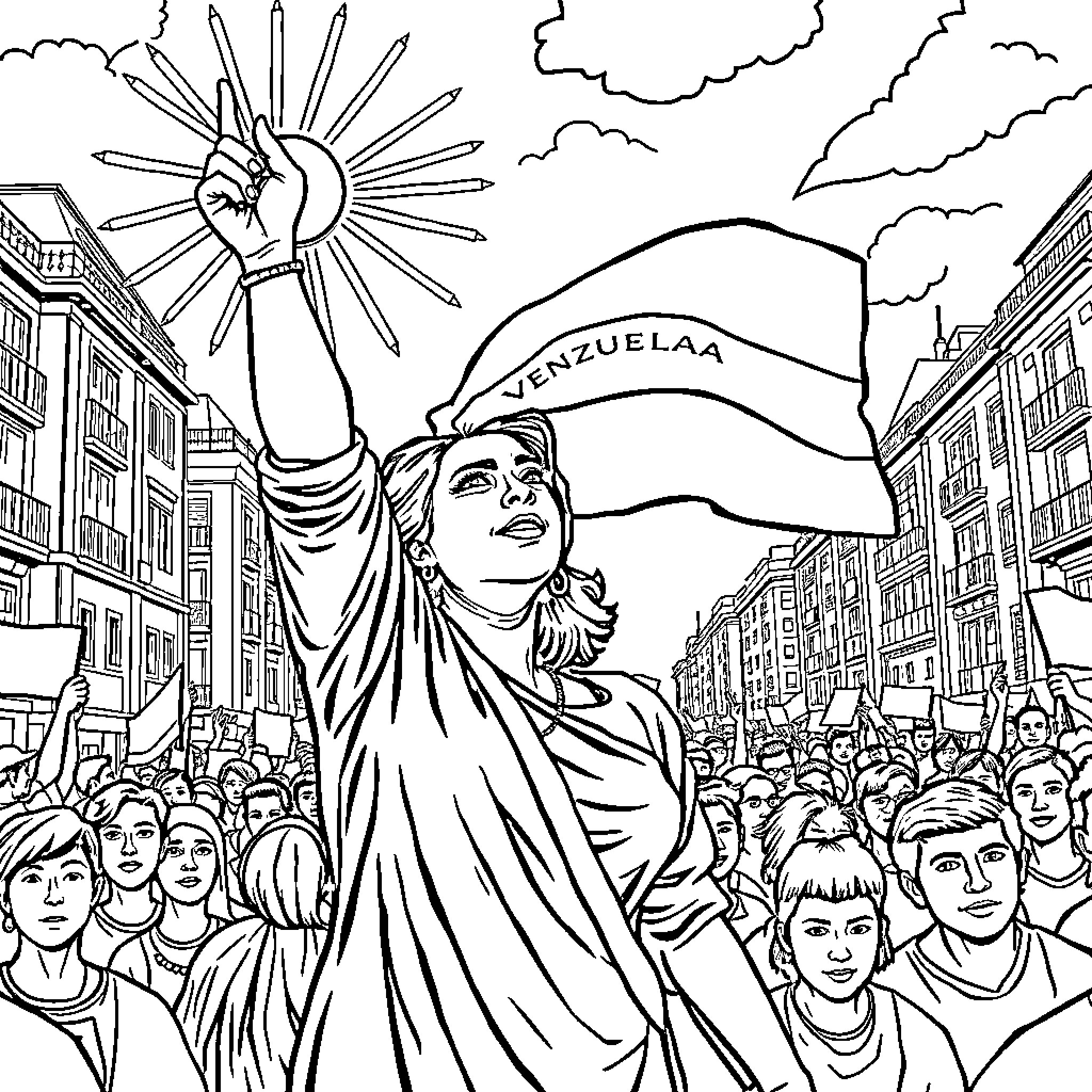 Maria Corina Machado leading a crowd in a political rally Coloring Page (free black-and-white line drawing printable PDF for all, from beginners to advanced learners, including children, teens, adults, and seniors)