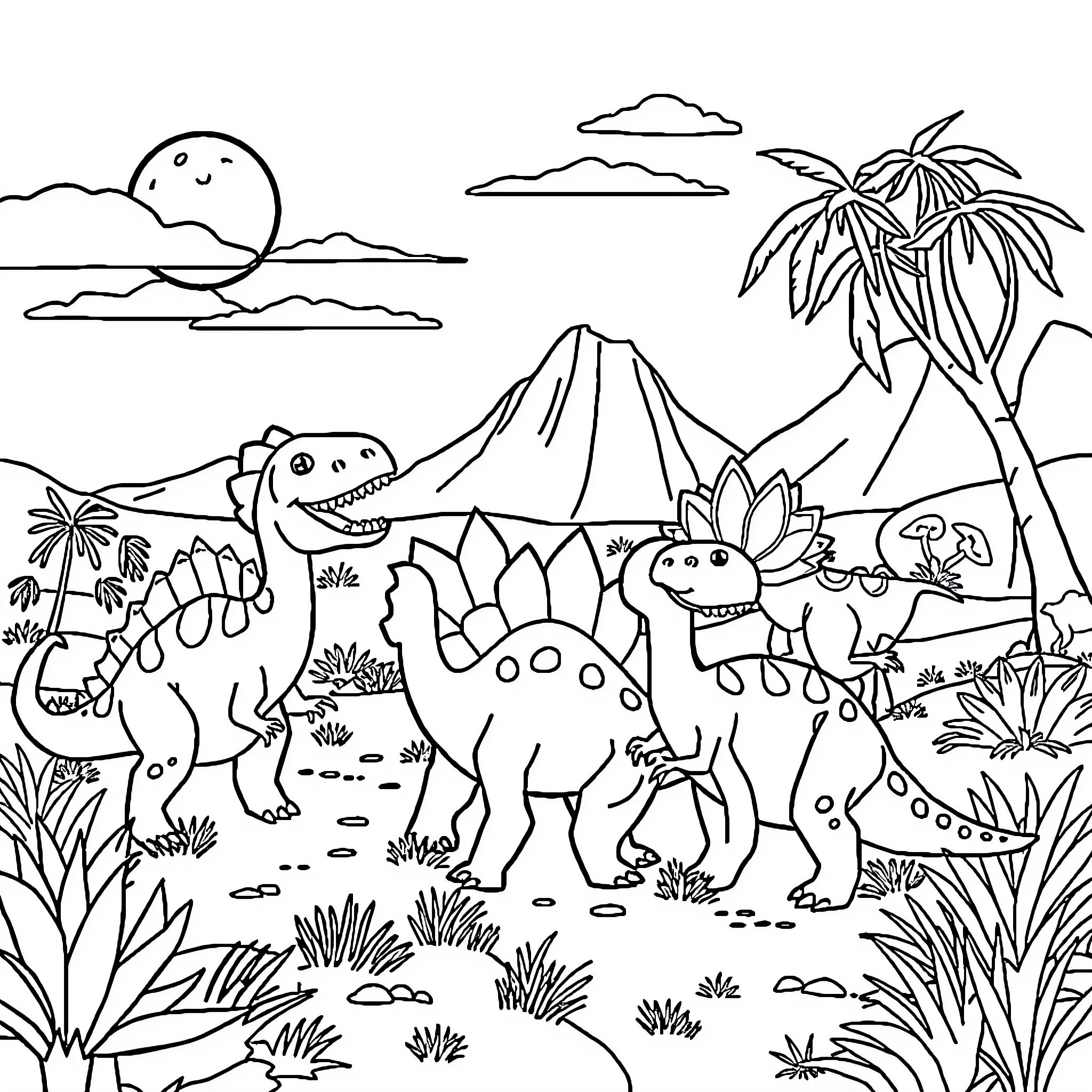 Dinosaurs enjoying a scenic landscape Coloring Page (free black-and-white line drawing printable PDF for all, from beginners to advanced learners, including children, teens, adults, and seniors)