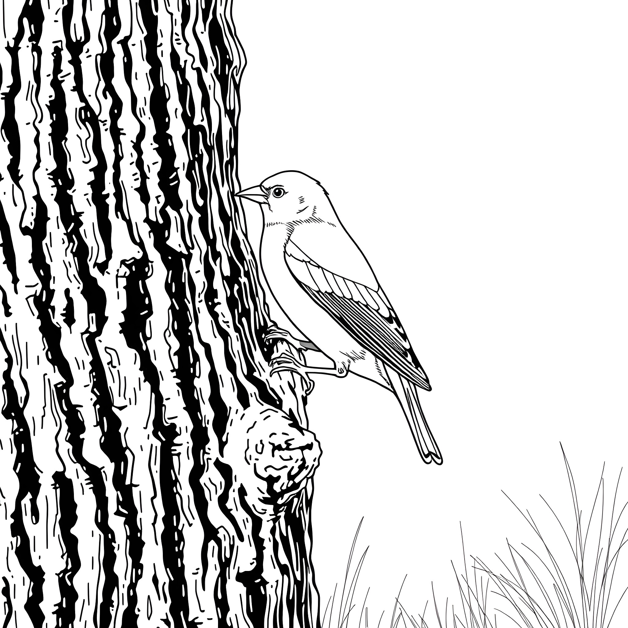 Goldfinch perched on tree trunk Coloring Page (free black-and-white line drawing printable PDF for all, from beginners to advanced learners, including children, teens, adults, and seniors)
