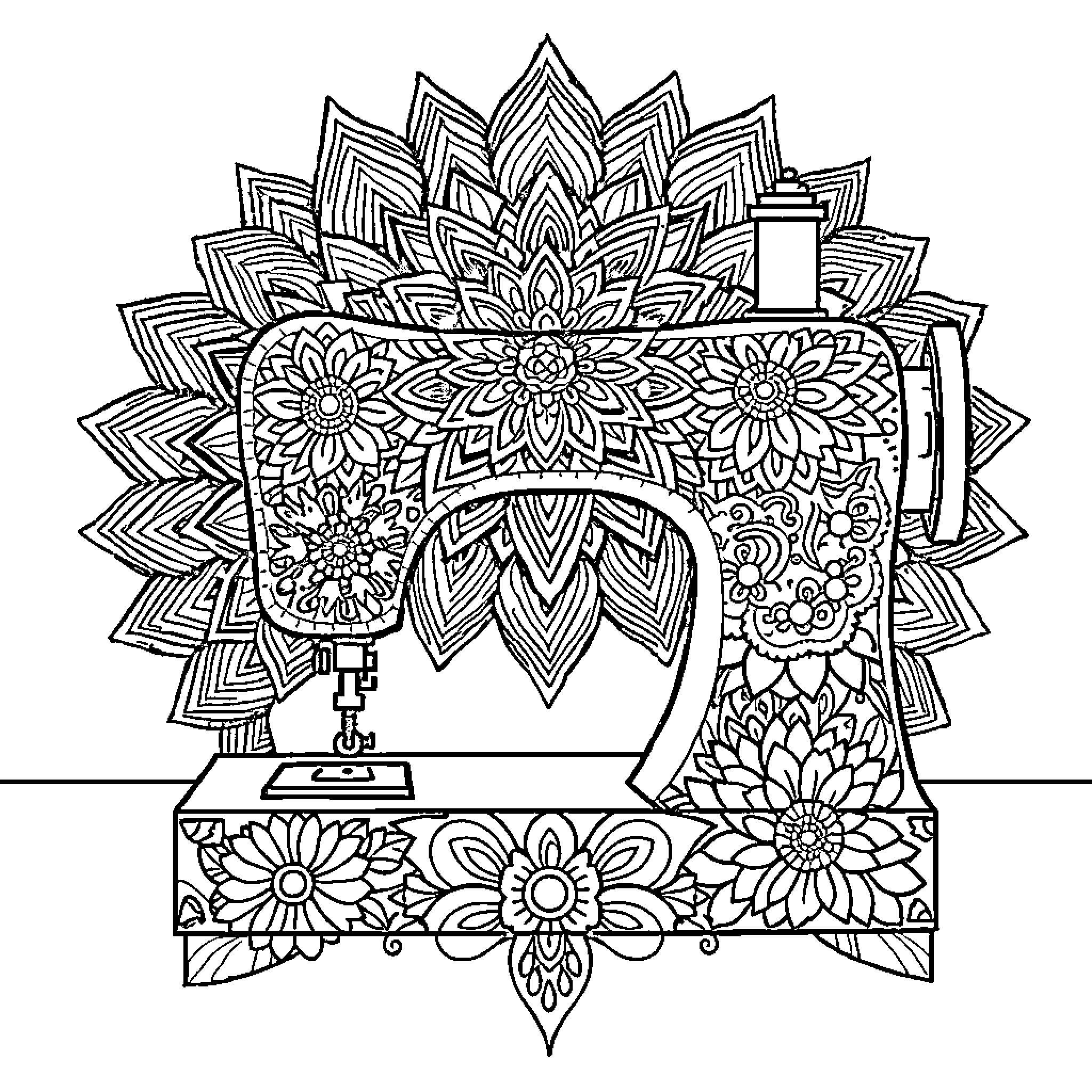 Sewing Machine with Intricate Floral Patterns Coloring Page (free black-and-white line drawing printable PDF for all, from beginners to advanced learners, including children, teens, adults, and seniors)