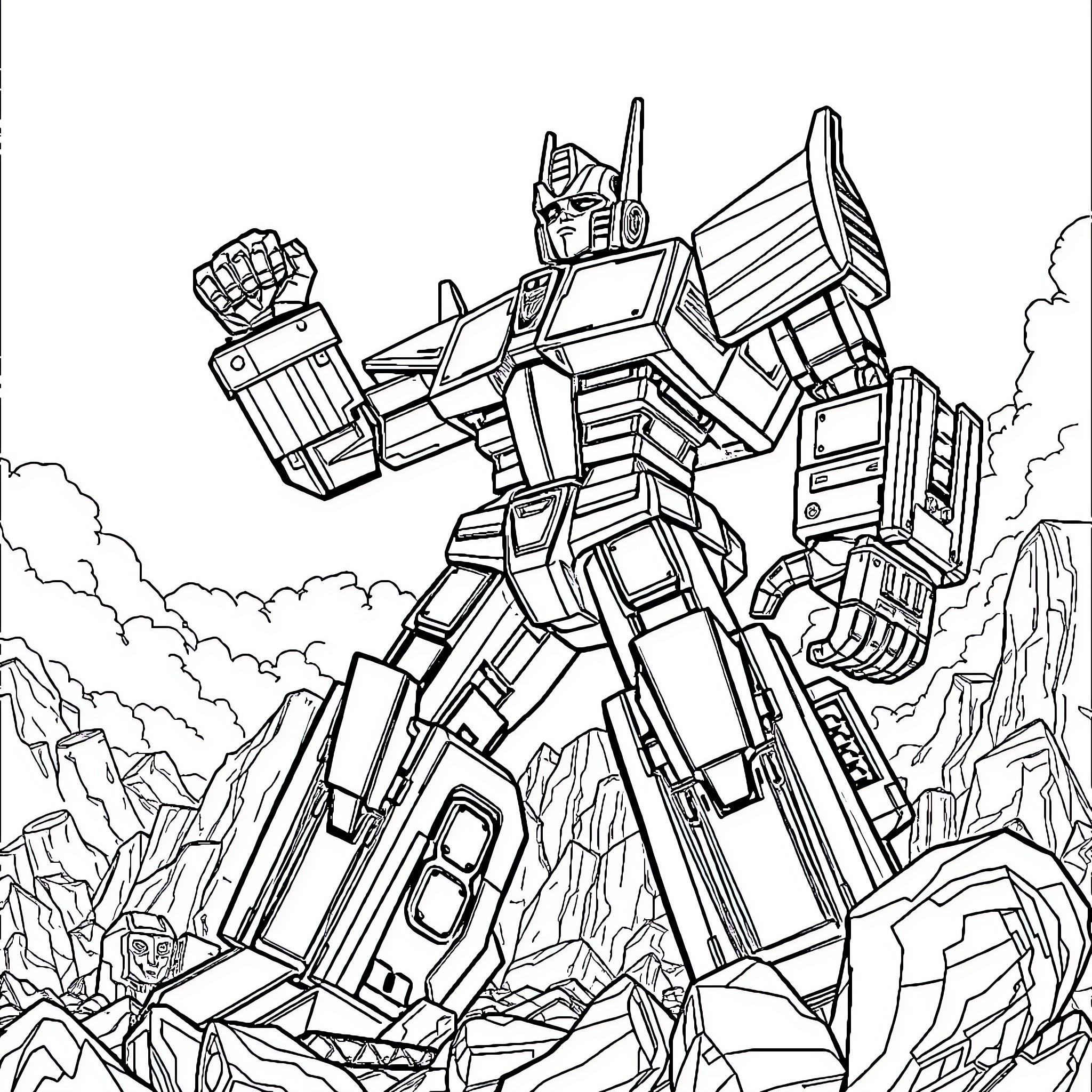 Megatron, the Mighty Transformer, Stands Tall Coloring Page (free black-and-white line drawing printable PDF for all, from beginners to advanced learners, including children, teens, adults, and seniors)