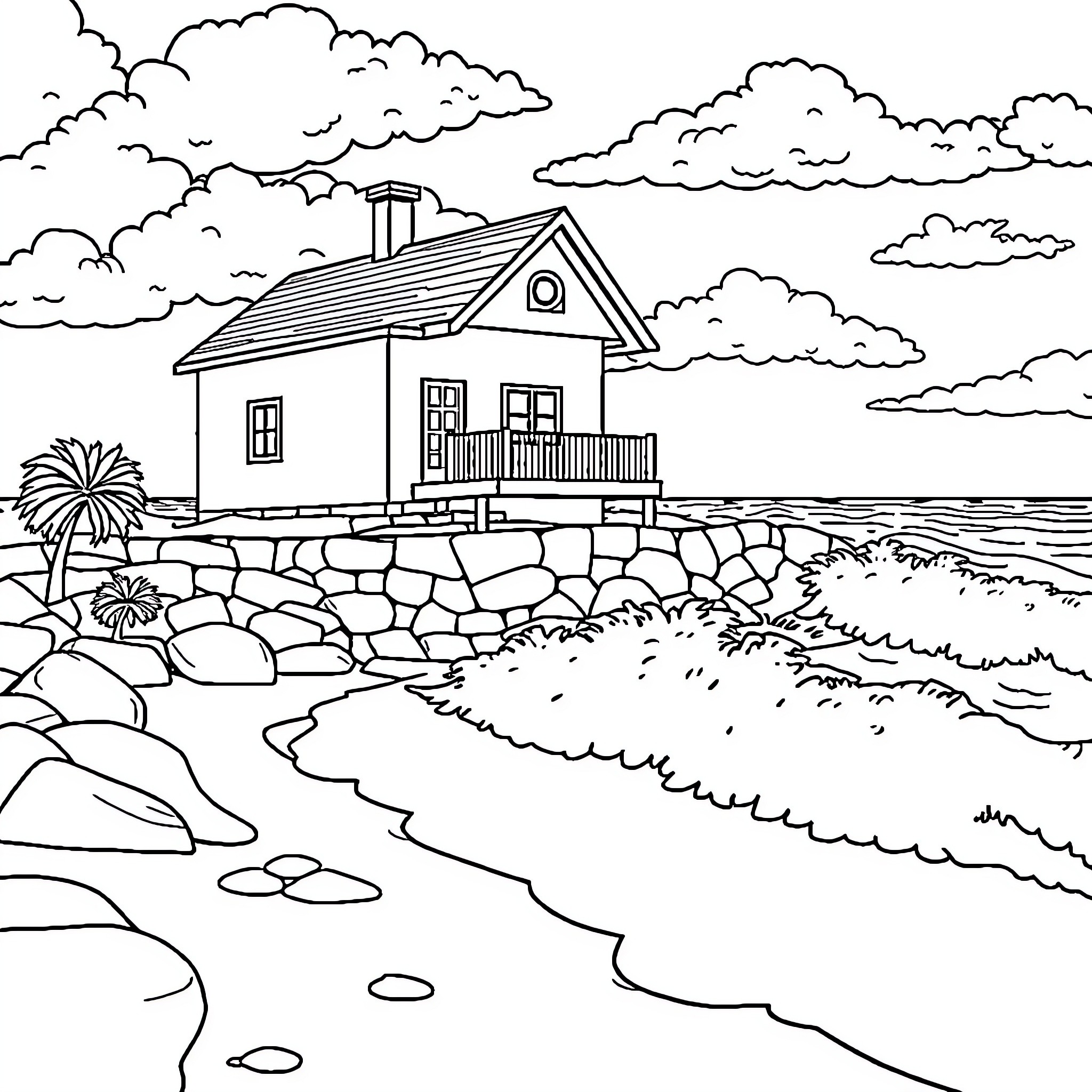 House by the Seaside with Clouds Coloring Page (free black-and-white line drawing printable PDF for all, from beginners to advanced learners, including children, teens, adults, and seniors)