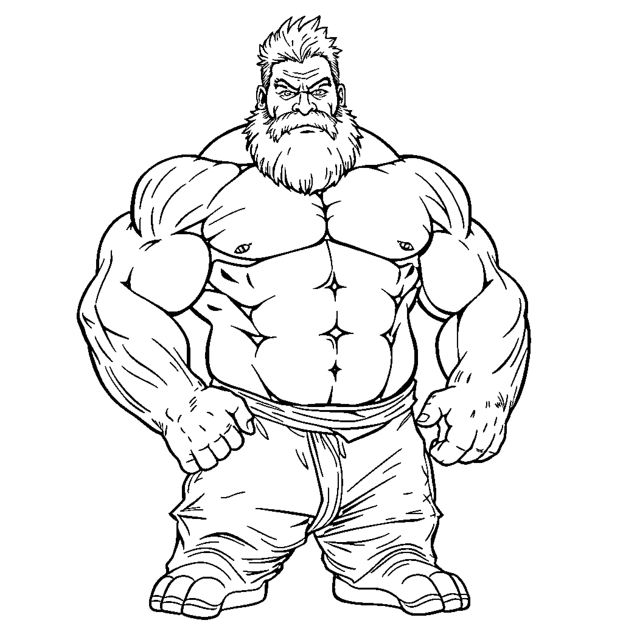 Man in muscular pose with serious expression Coloring Page (free black-and-white line drawing printable PDF for all, from beginners to advanced learners, including children, teens, adults, and seniors)