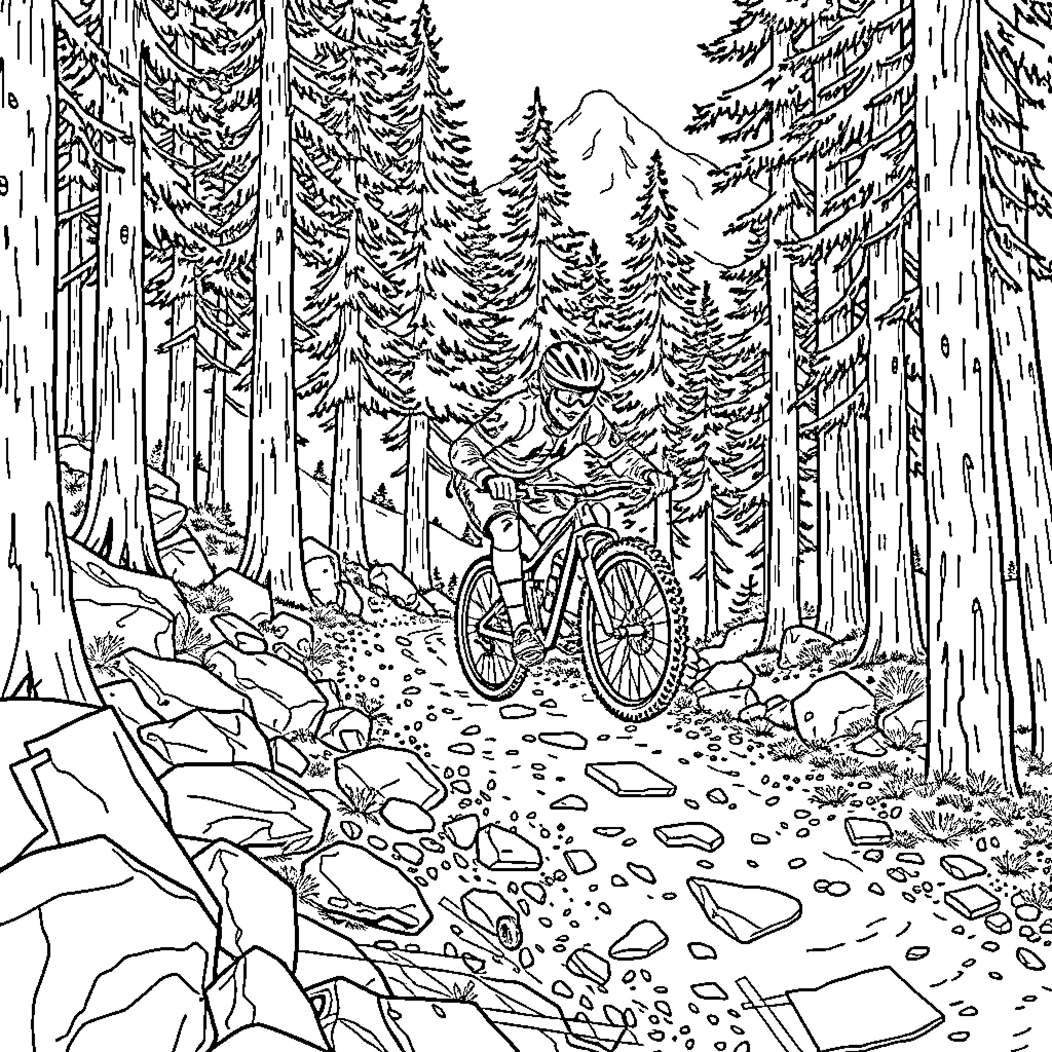 Mountain Biker riding through a dense forest landscape Coloring Page (free black-and-white line drawing printable PDF for all, from beginners to advanced learners, including children, teens, adults, and seniors)