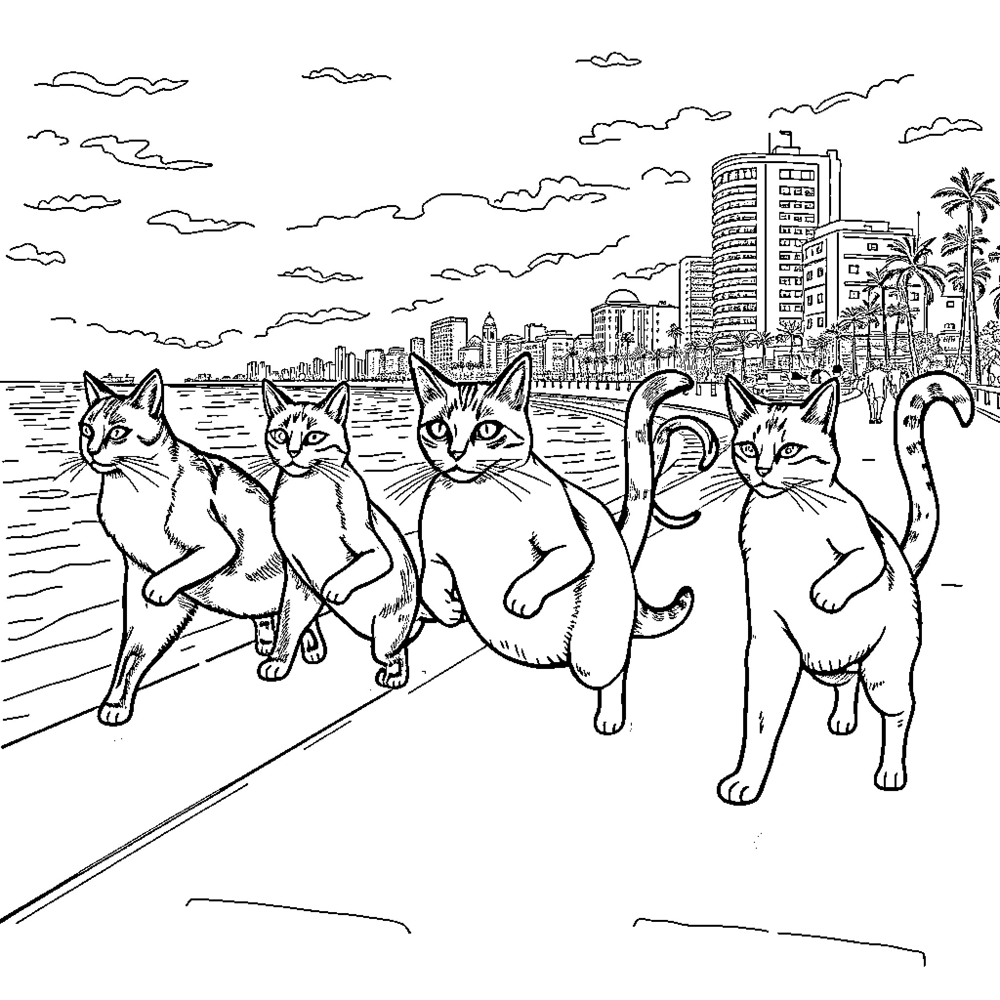 Cats exploring the coastal city skyline Coloring Page (free black-and-white line drawing printable PDF for all, from beginners to advanced learners, including children, teens, adults, and seniors)