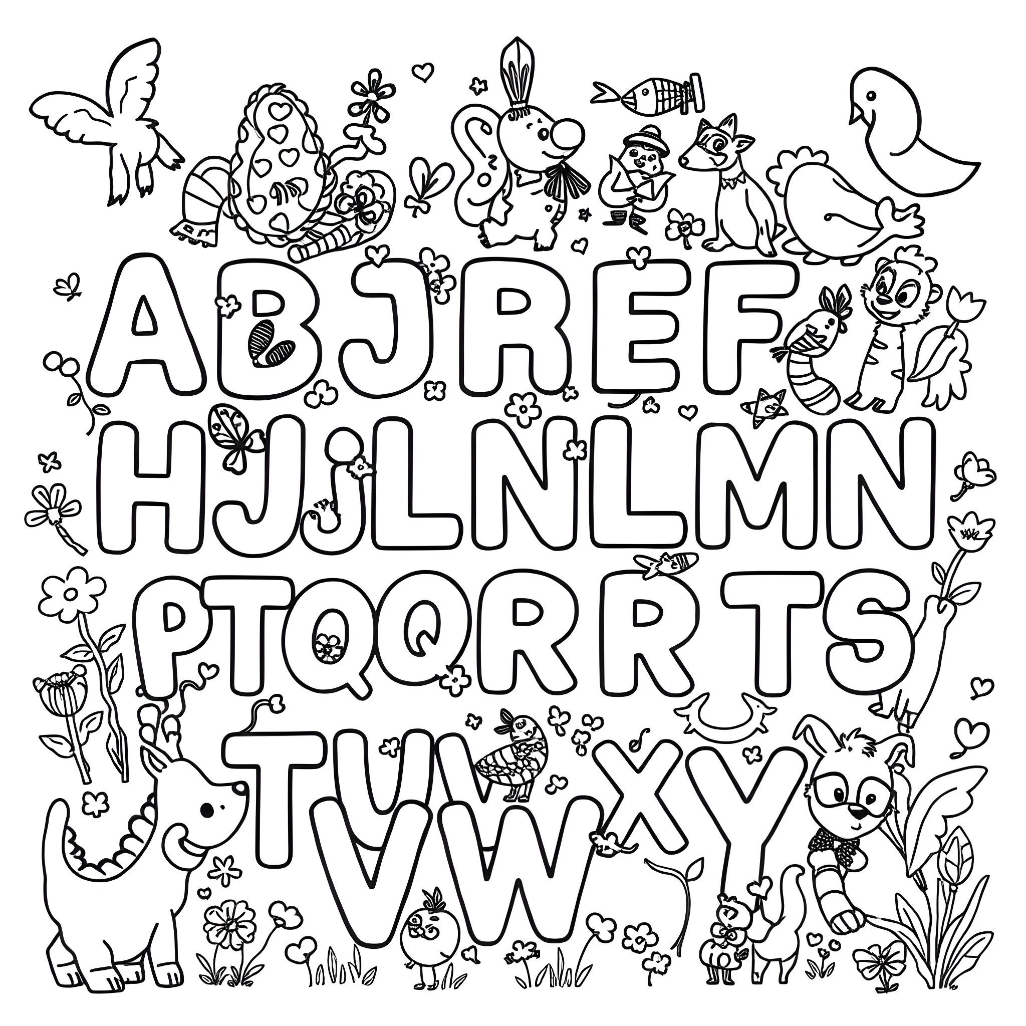 Alphabet Animals, Flowers, and Symbols Coloring Page (free black-and-white line drawing printable PDF for all, from beginners to advanced learners, including children, teens, adults, and seniors)
