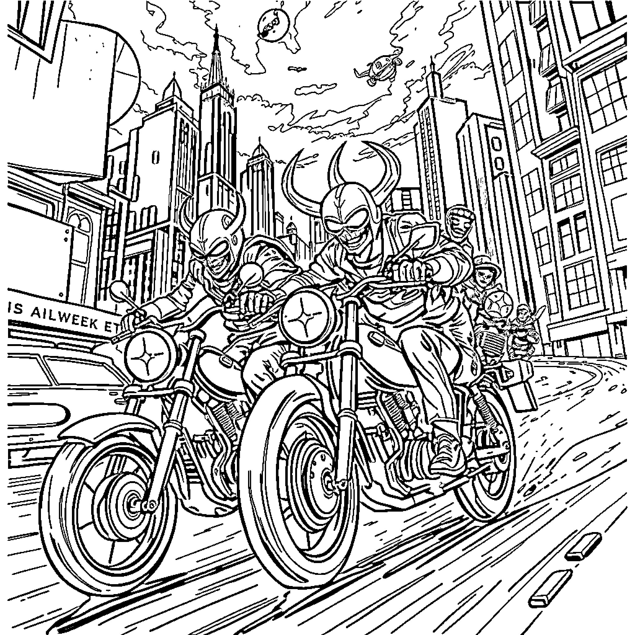 Demon Hunters on Motorcycles Charging Through City Coloring Page (free black-and-white line drawing printable PDF for all, from beginners to advanced learners, including children, teens, adults, and seniors)
