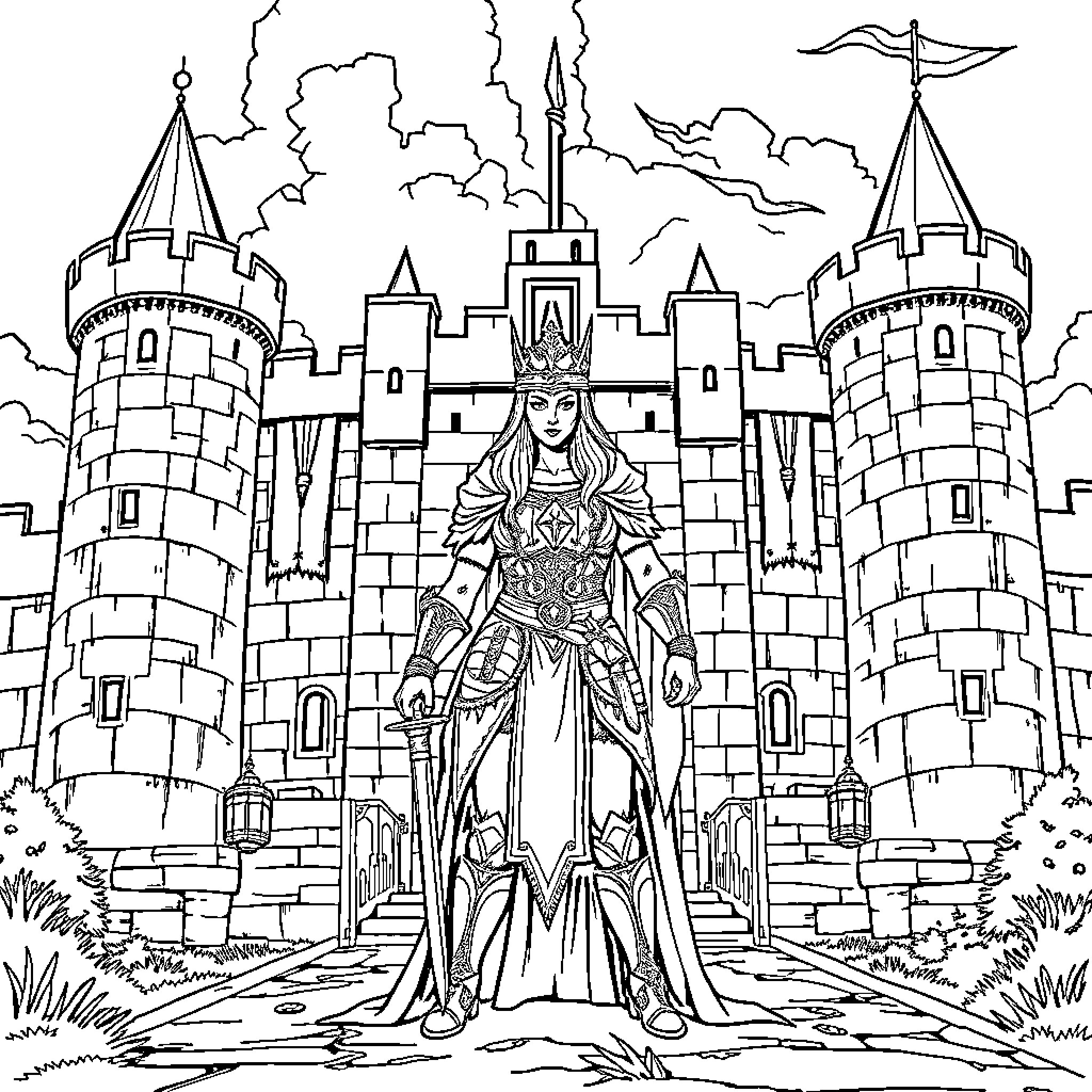 Warrior Queen stands tall before her castle Coloring Page (free black-and-white line drawing printable PDF for all, from beginners to advanced learners, including children, teens, adults, and seniors)