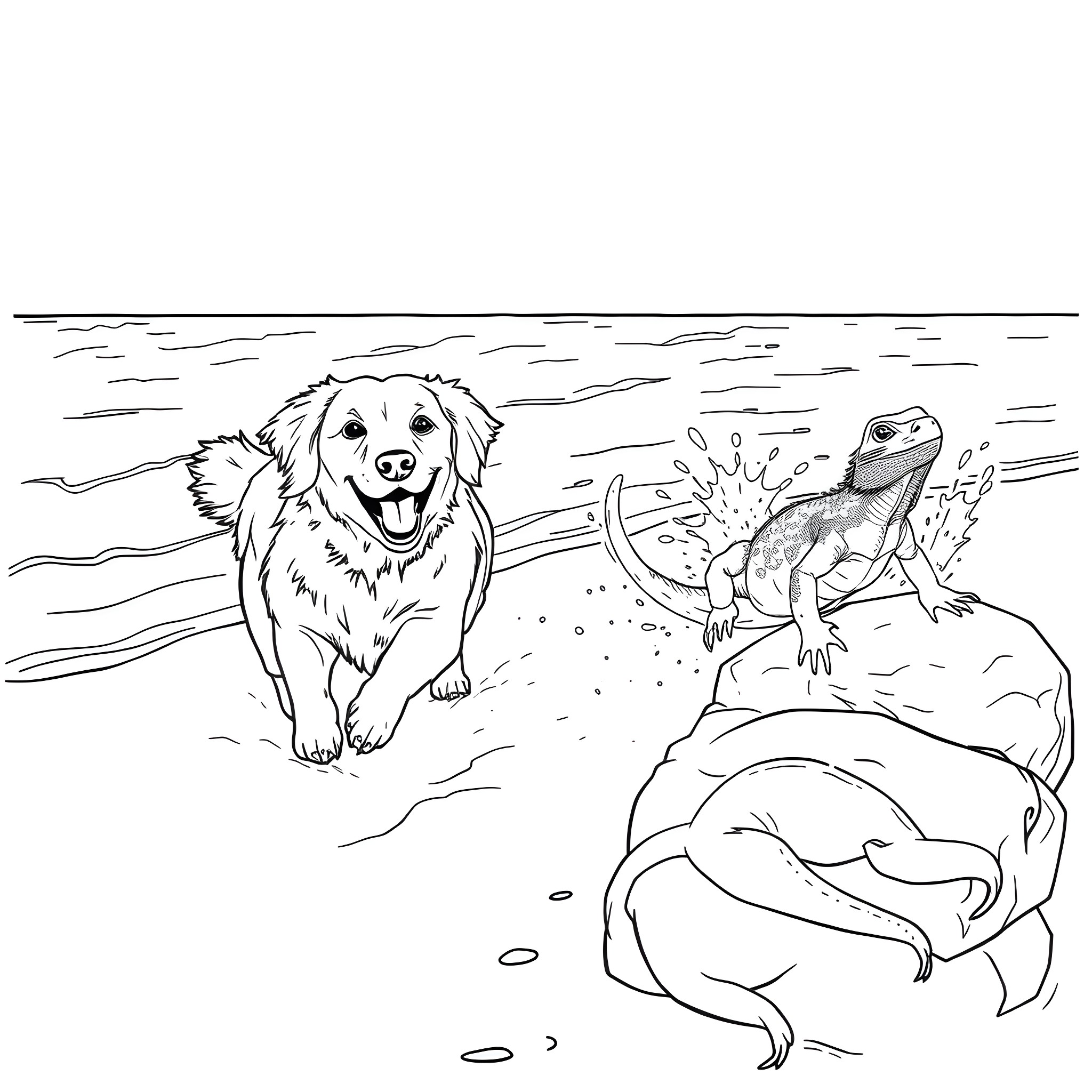 Dog playing with lizard in the wild Coloring Page (free black-and-white line drawing printable PDF for all, from beginners to advanced learners, including children, teens, adults, and seniors)