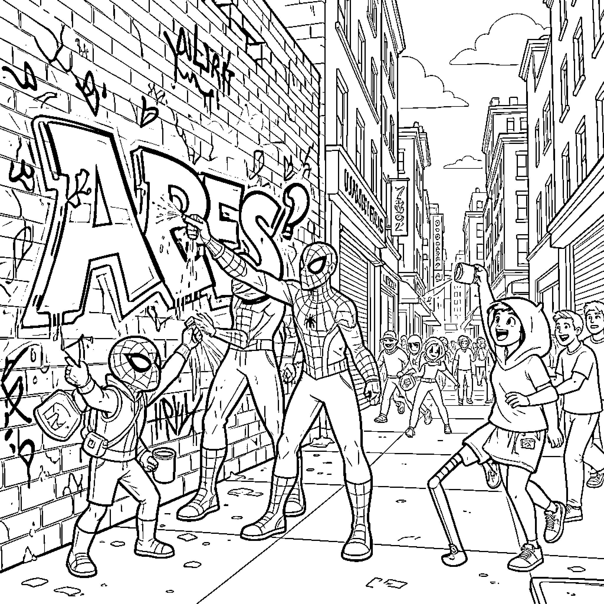 Spidey Swings into Action on Graffiti-Covered Street Coloring Page (free black-and-white line drawing printable PDF for all, from beginners to advanced learners, including children, teens, adults, and seniors)