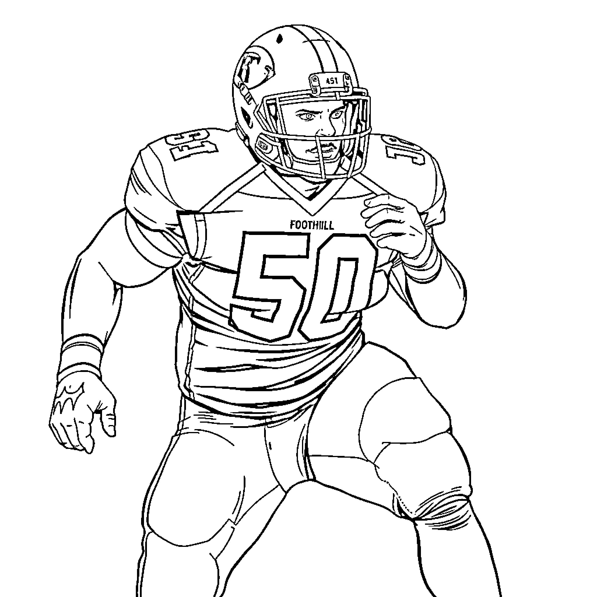 Football Player in Action on the Field Coloring Page (free black-and-white line drawing printable PDF for all, from beginners to advanced learners, including children, teens, adults, and seniors)