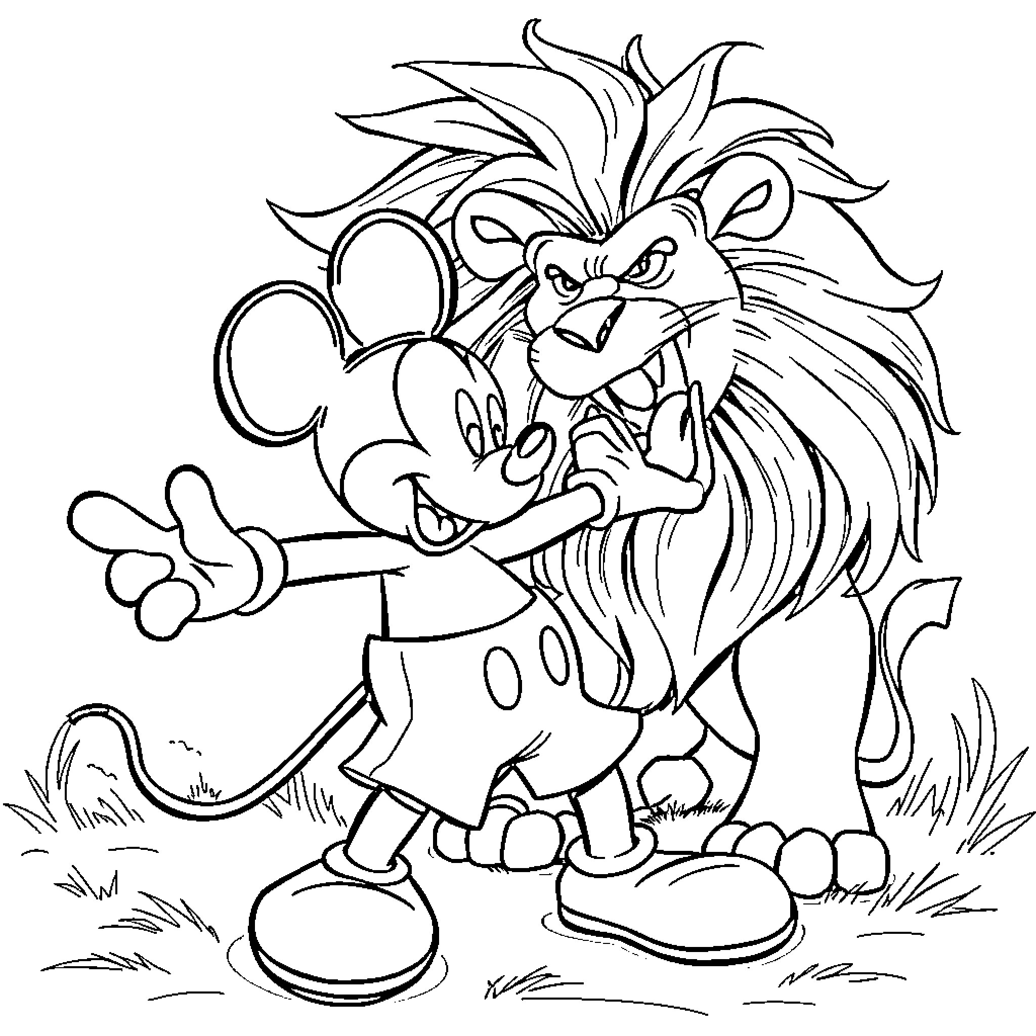 Mickey Mouse confronting a ferocious lion Coloring Page (free black-and-white line drawing printable PDF for all, from beginners to advanced learners, including children, teens, adults, and seniors)